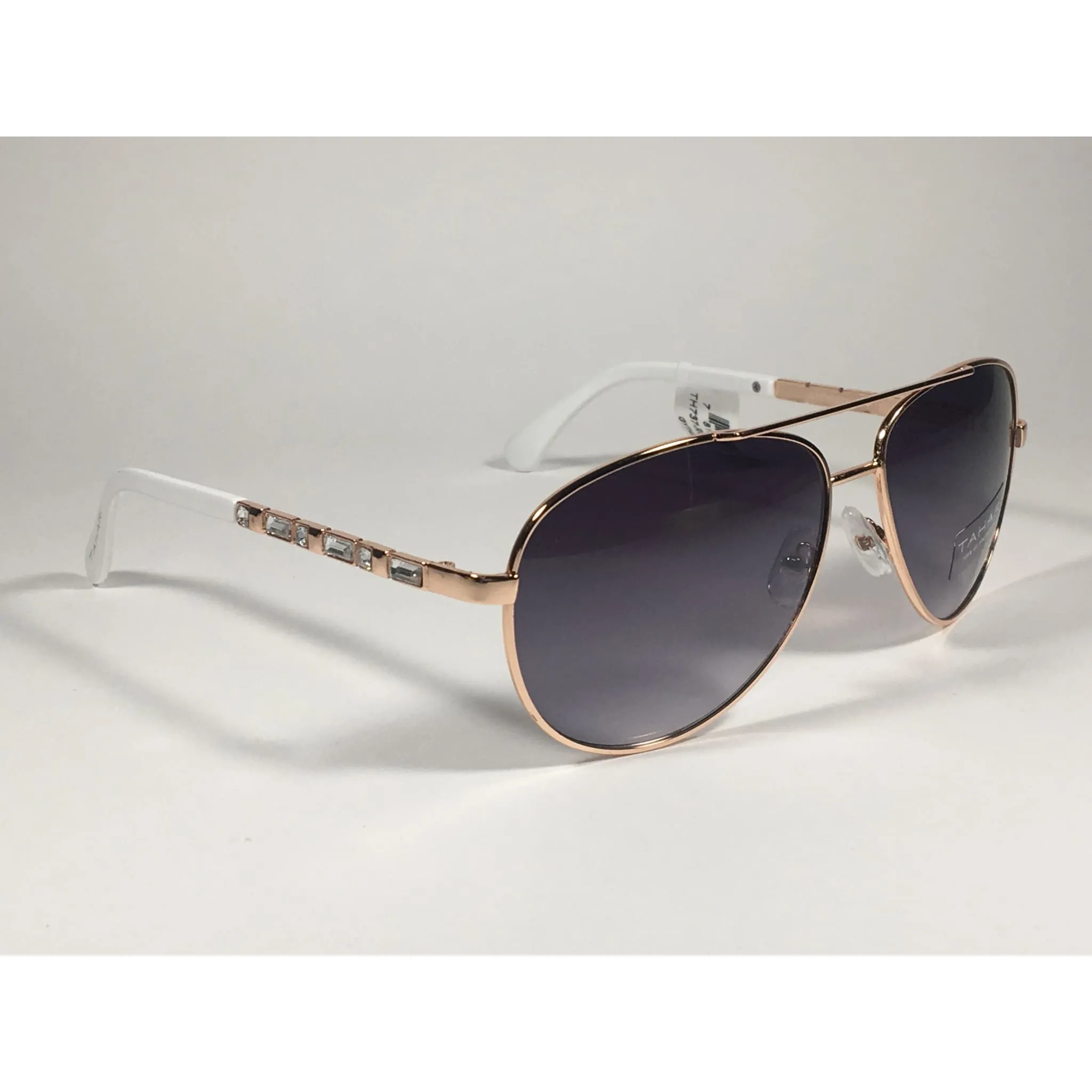 Tahari Aviator Pilot Sunglasses Rhinestone Jewels Rose Gold White Frame Smoke Gradient Lens TH737 RGDWH