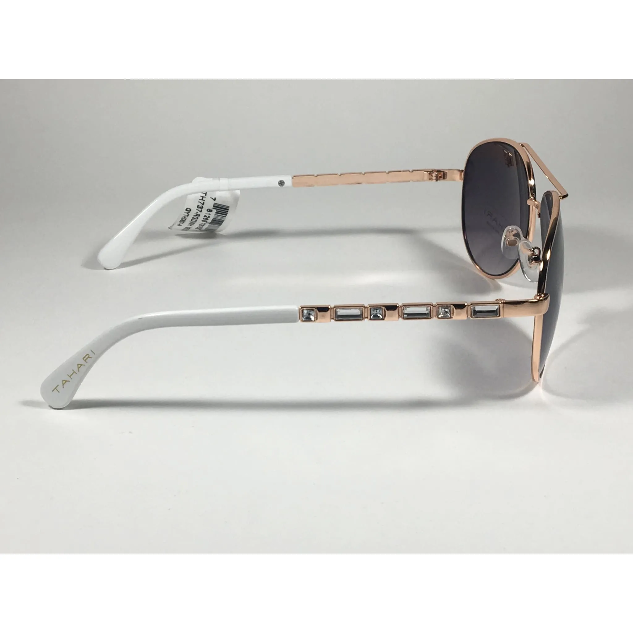 Tahari Aviator Pilot Sunglasses Rhinestone Jewels Rose Gold White Frame Smoke Gradient Lens TH737 RGDWH
