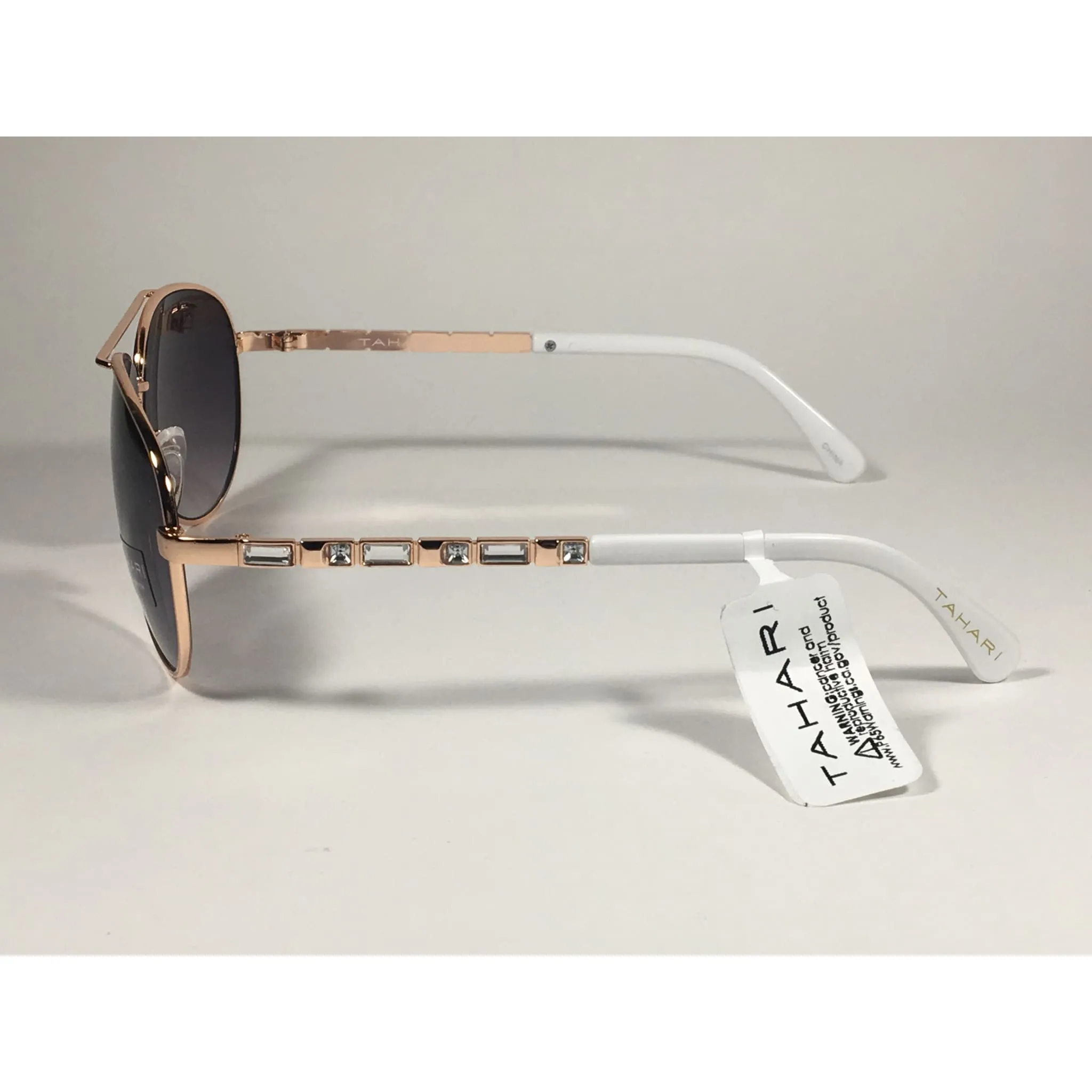 Tahari Aviator Pilot Sunglasses Rhinestone Jewels Rose Gold White Frame Smoke Gradient Lens TH737 RGDWH