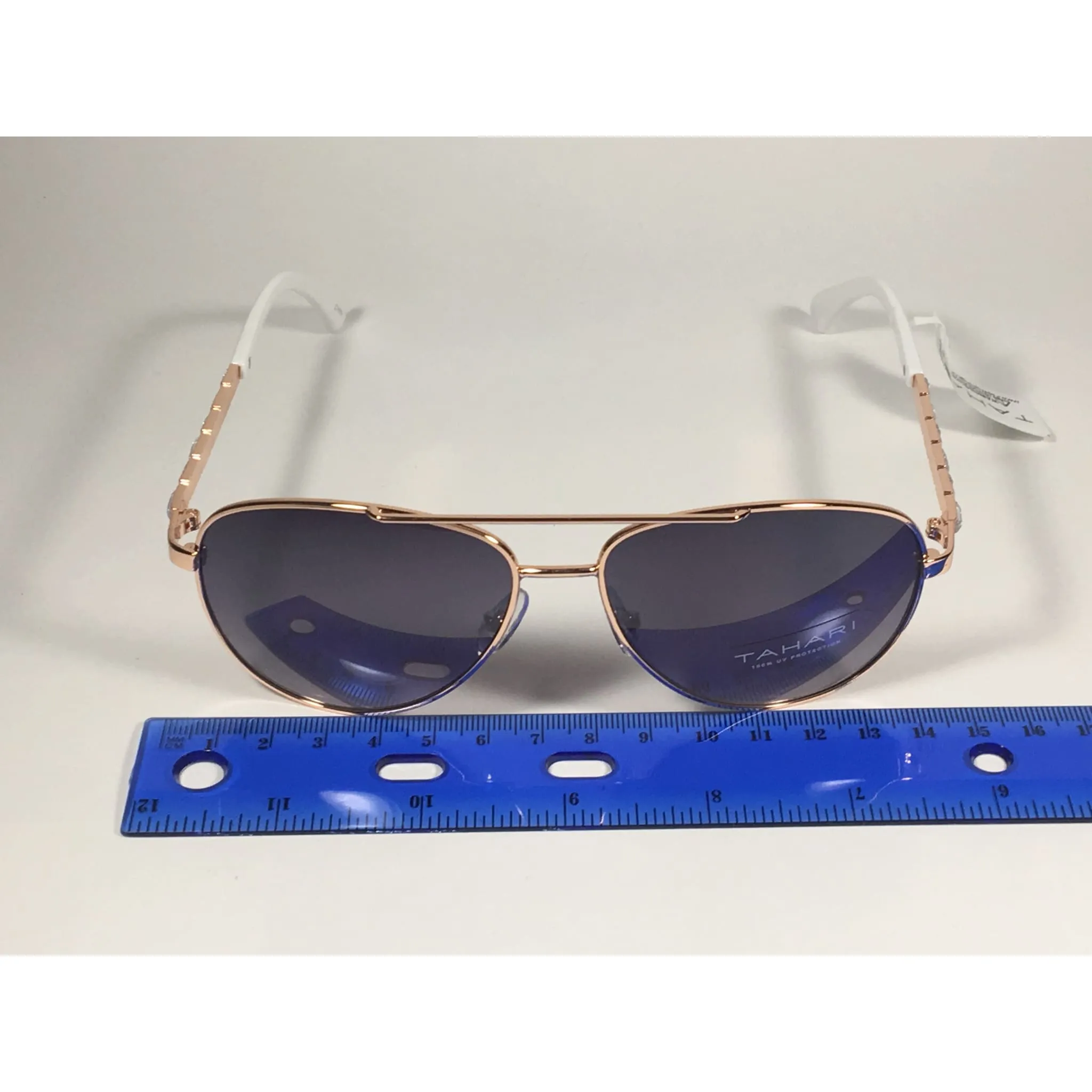 Tahari Aviator Pilot Sunglasses Rhinestone Jewels Rose Gold White Frame Smoke Gradient Lens TH737 RGDWH