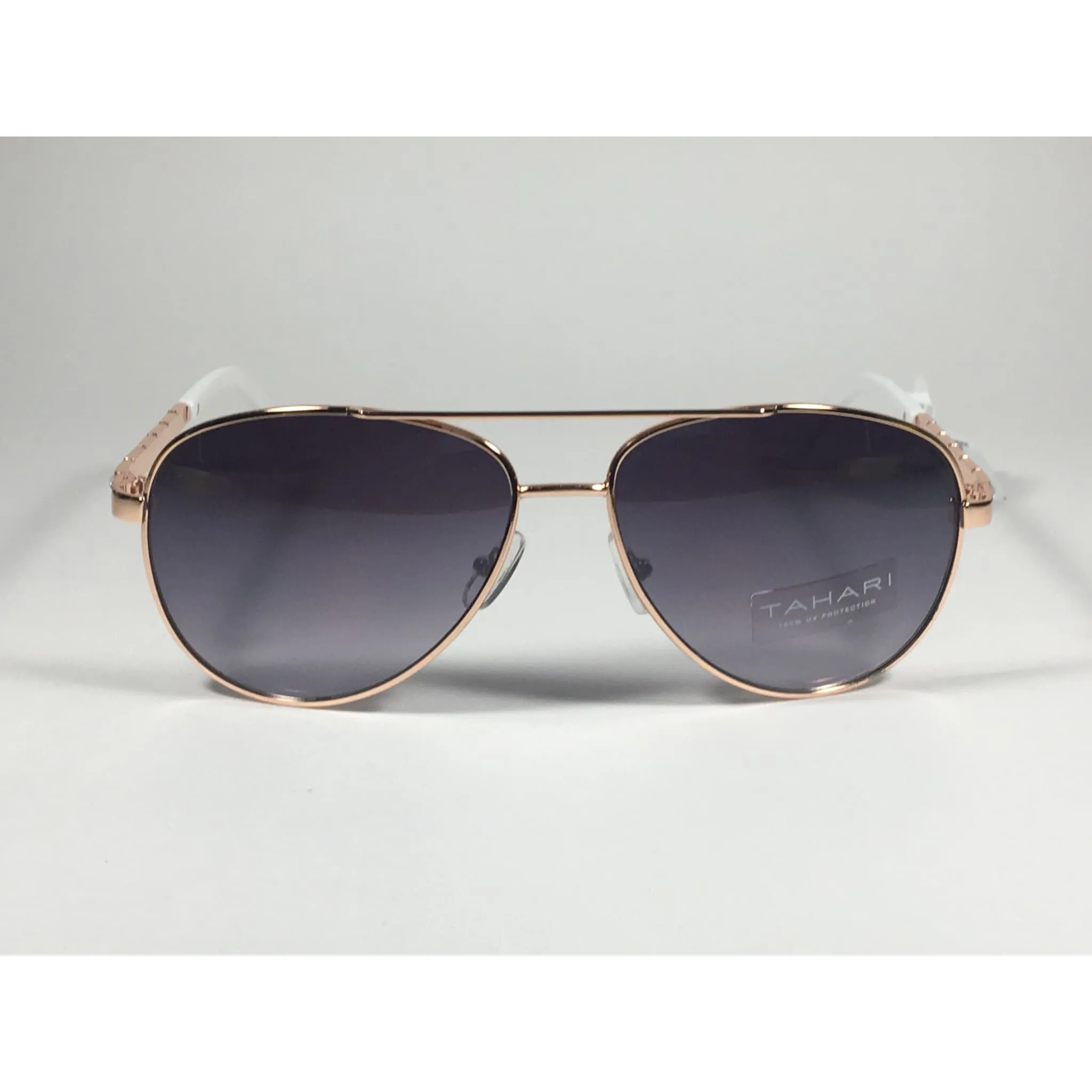 Tahari Aviator Pilot Sunglasses Rhinestone Jewels Rose Gold White Frame Smoke Gradient Lens TH737 RGDWH