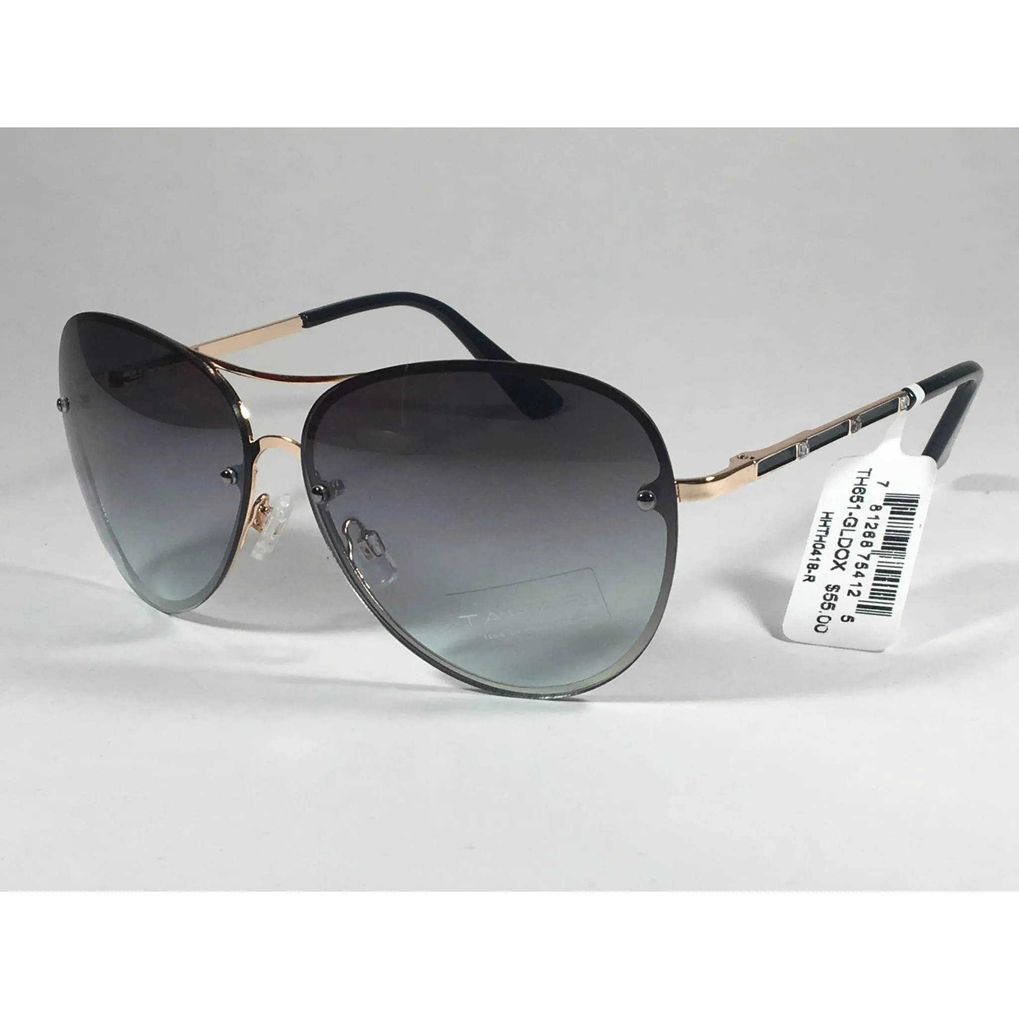 Tahari Rimless Aviator Sunglasses Black Gold Green Gray Gradient Lens TH651 GLDOX