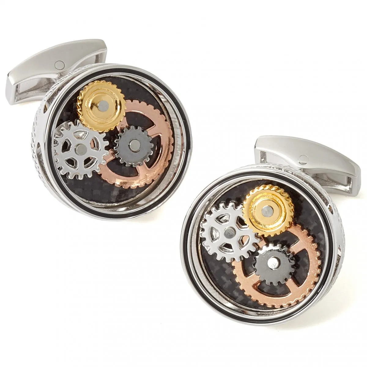 Tateossian Mechanical Gear Carbon Cufflinks, Rhodium Silver