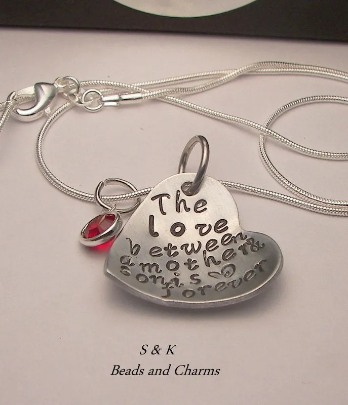 The love between a mother and son is forever, Hand stamped jewelry, mommy jewelry, personalized jewelry, mommy necklace., custom  stamped