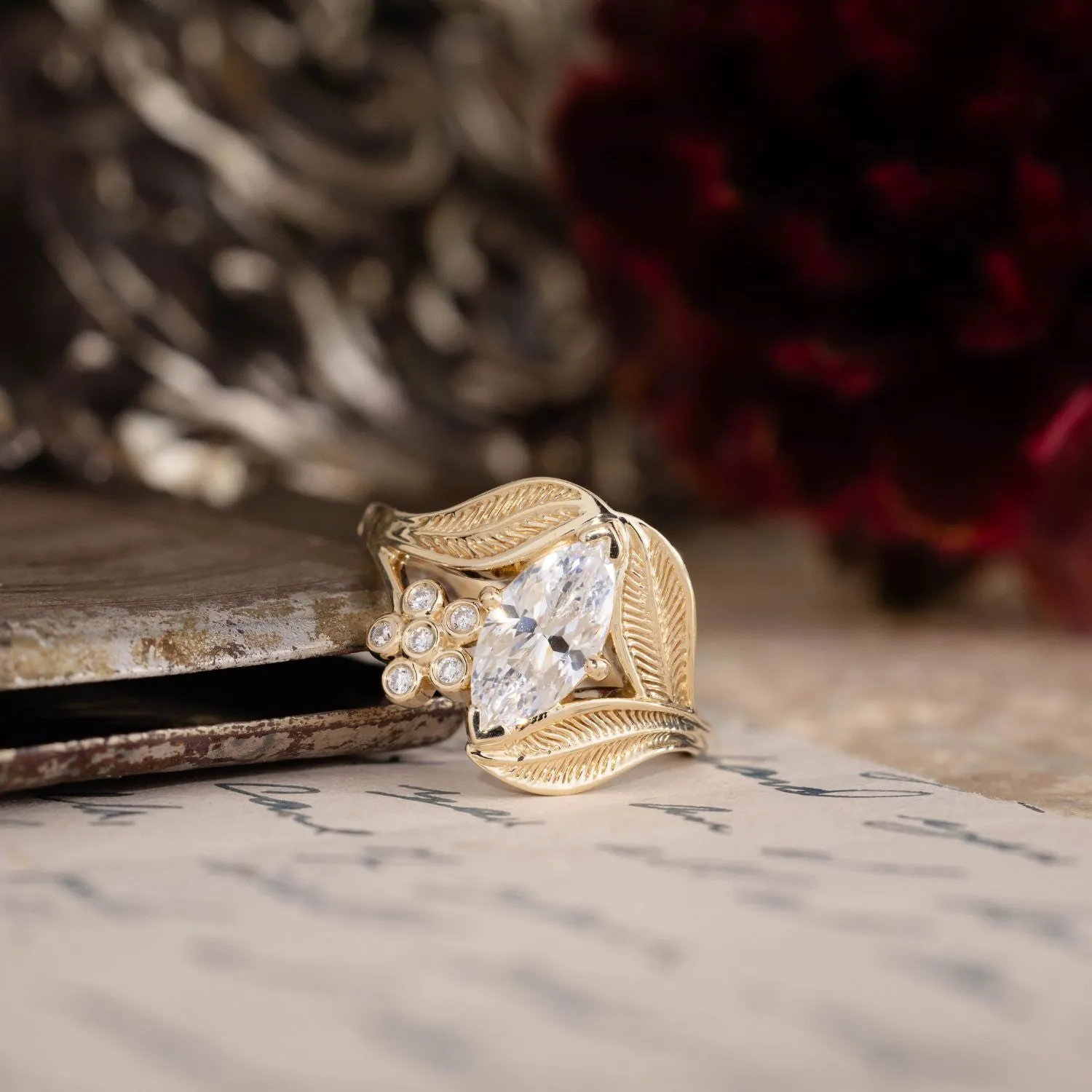 The Magnolia - Marquise Diamond Engagement Ring with Floral Diamond Accent & Nature-Inspired Leaf Setting