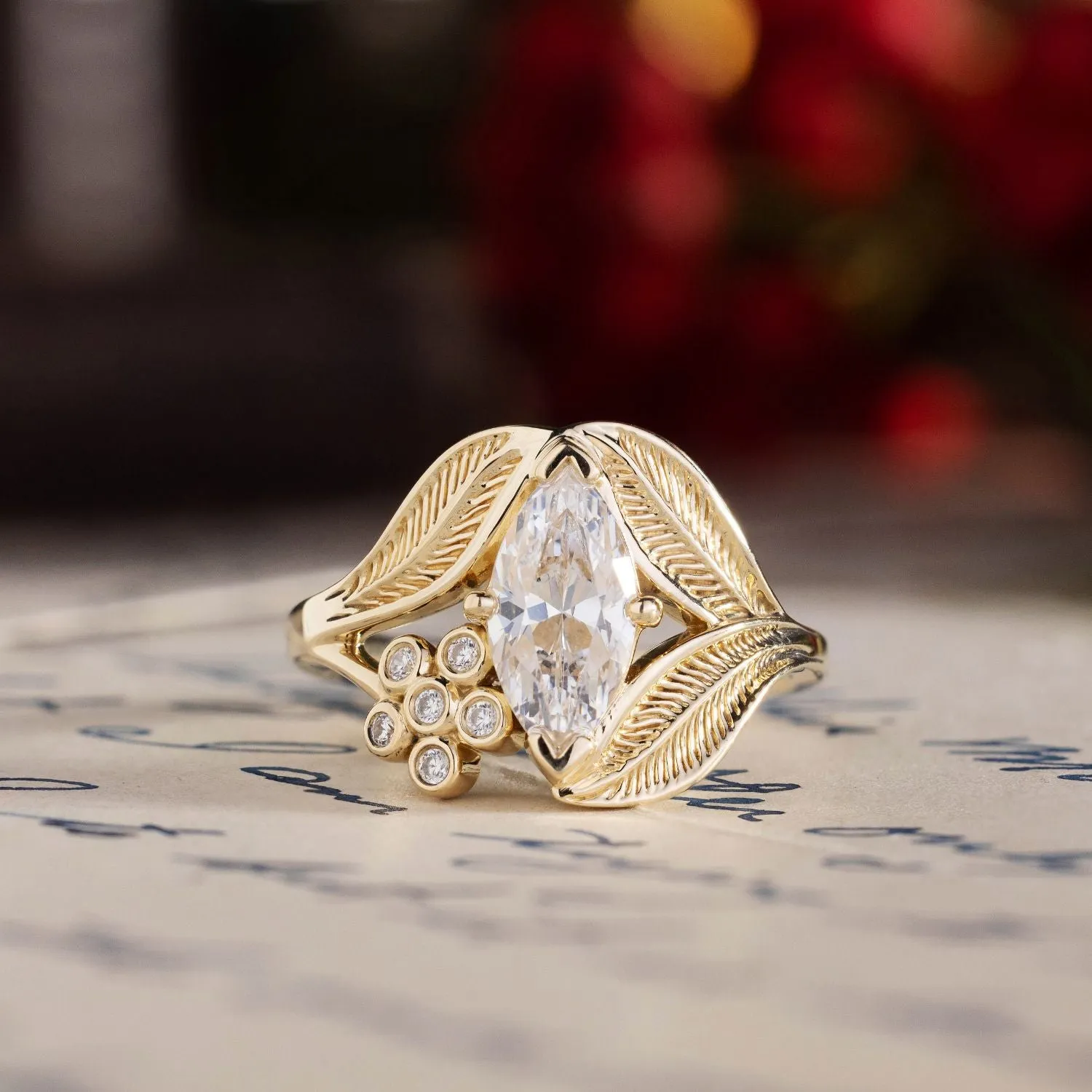 The Magnolia - Marquise Diamond Engagement Ring with Floral Diamond Accent & Nature-Inspired Leaf Setting