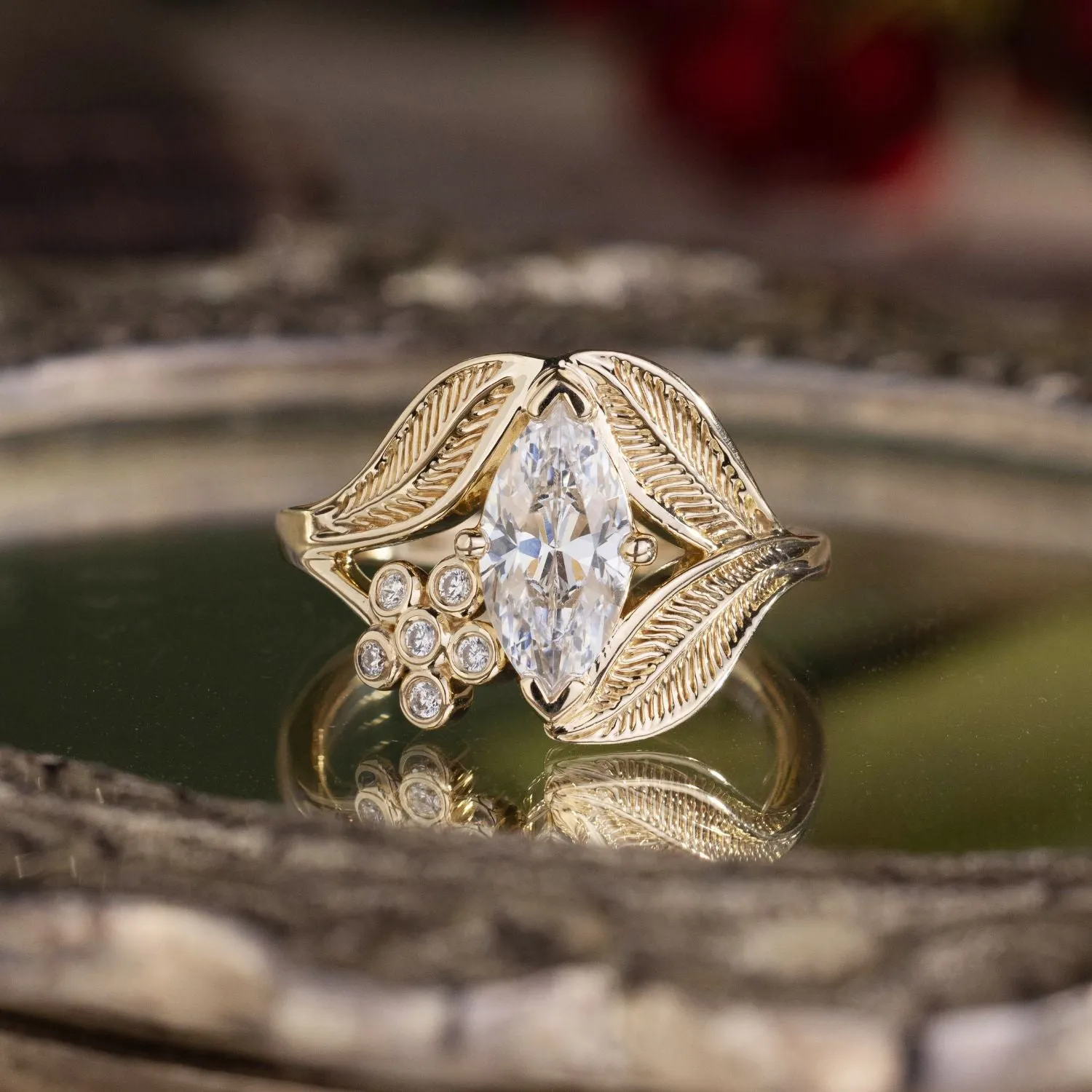 The Magnolia - Marquise Diamond Engagement Ring with Floral Diamond Accent & Nature-Inspired Leaf Setting