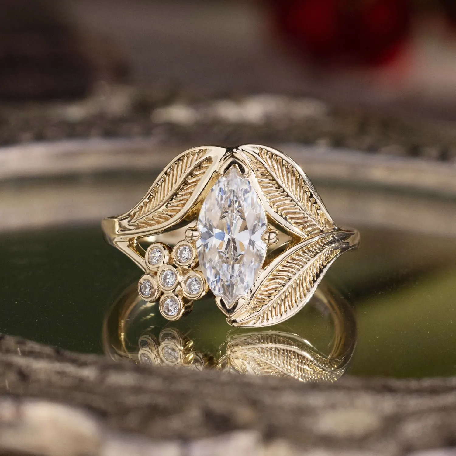 The Magnolia - Marquise Diamond Engagement Ring with Floral Diamond Accent & Nature-Inspired Leaf Setting