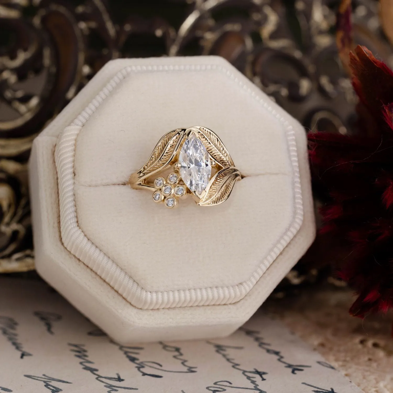 The Magnolia - Marquise Diamond Engagement Ring with Floral Diamond Accent & Nature-Inspired Leaf Setting