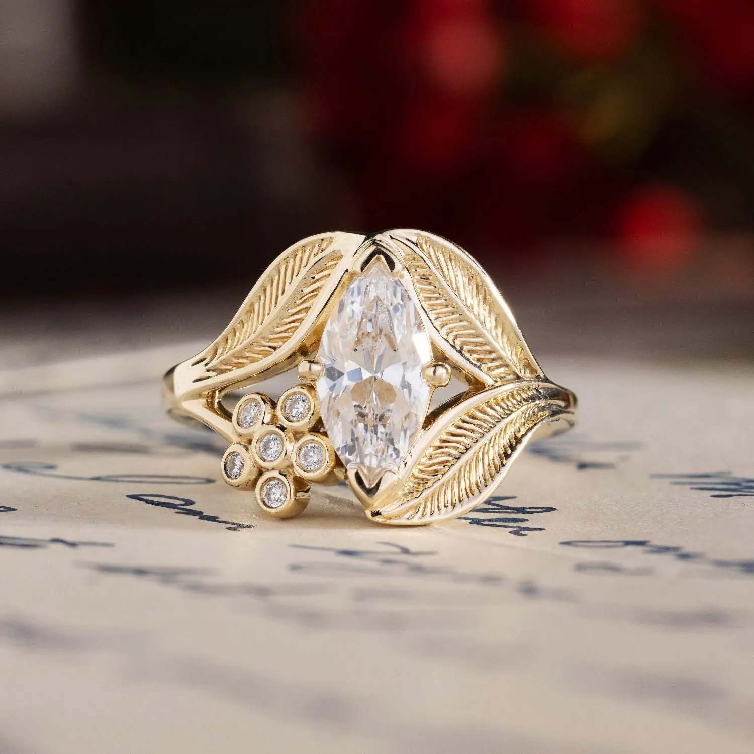 The Magnolia - Marquise Diamond Engagement Ring with Floral Diamond Accent & Nature-Inspired Leaf Setting