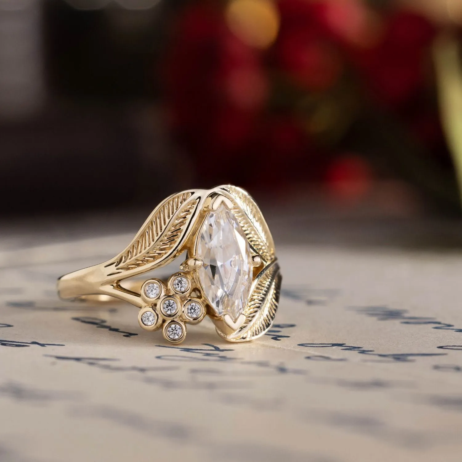 The Magnolia - Marquise Diamond Engagement Ring with Floral Diamond Accent & Nature-Inspired Leaf Setting