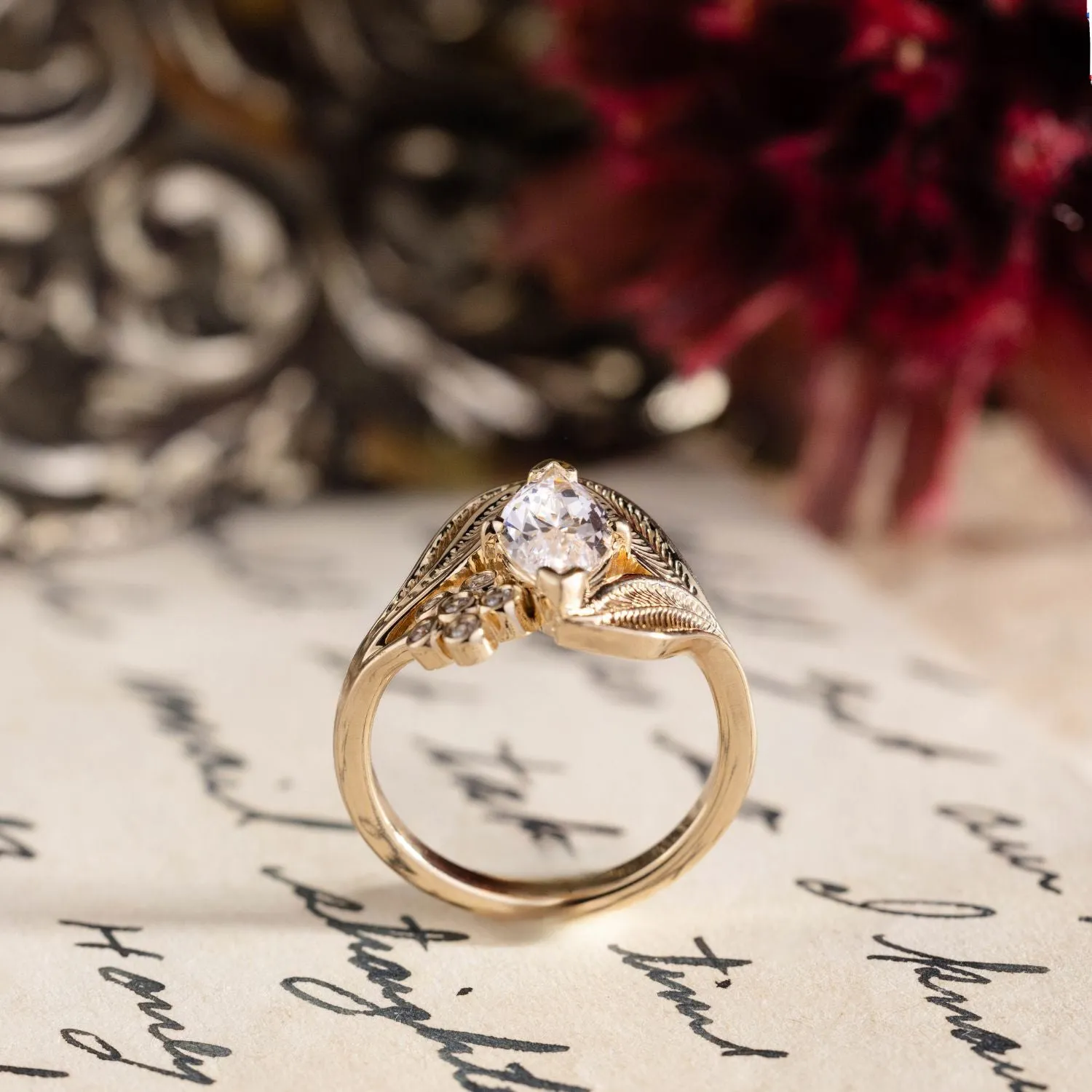 The Magnolia - Marquise Diamond Engagement Ring with Floral Diamond Accent & Nature-Inspired Leaf Setting