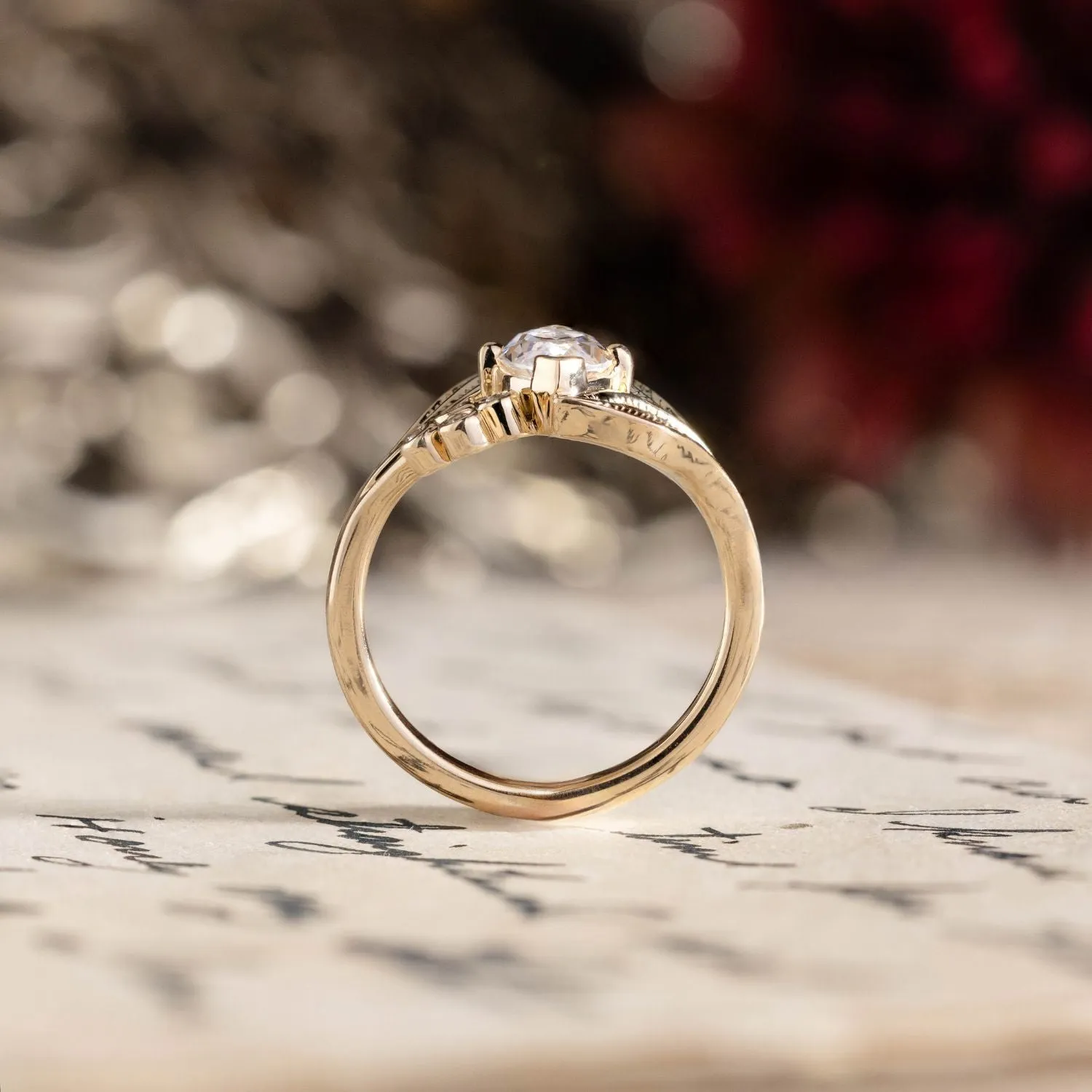 The Magnolia - Marquise Diamond Engagement Ring with Floral Diamond Accent & Nature-Inspired Leaf Setting