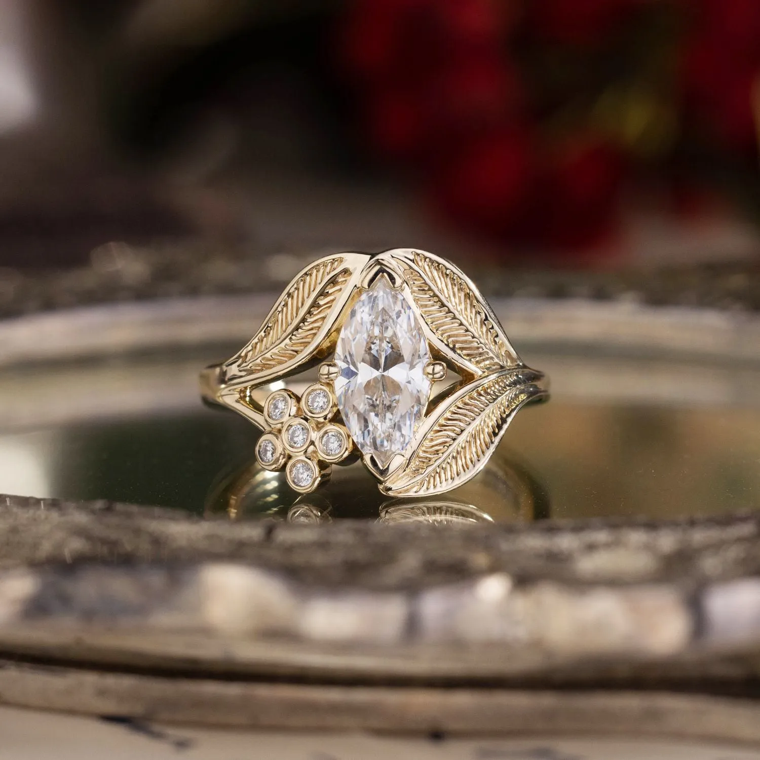 The Magnolia - Marquise Diamond Engagement Ring with Floral Diamond Accent & Nature-Inspired Leaf Setting