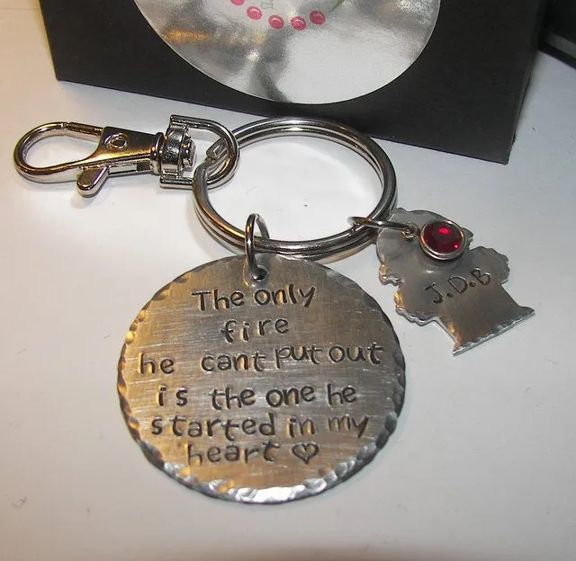 The only fire he can't put out is the one in my heart,  fire fighter wife gift, custom personalized hand stamped keychain
