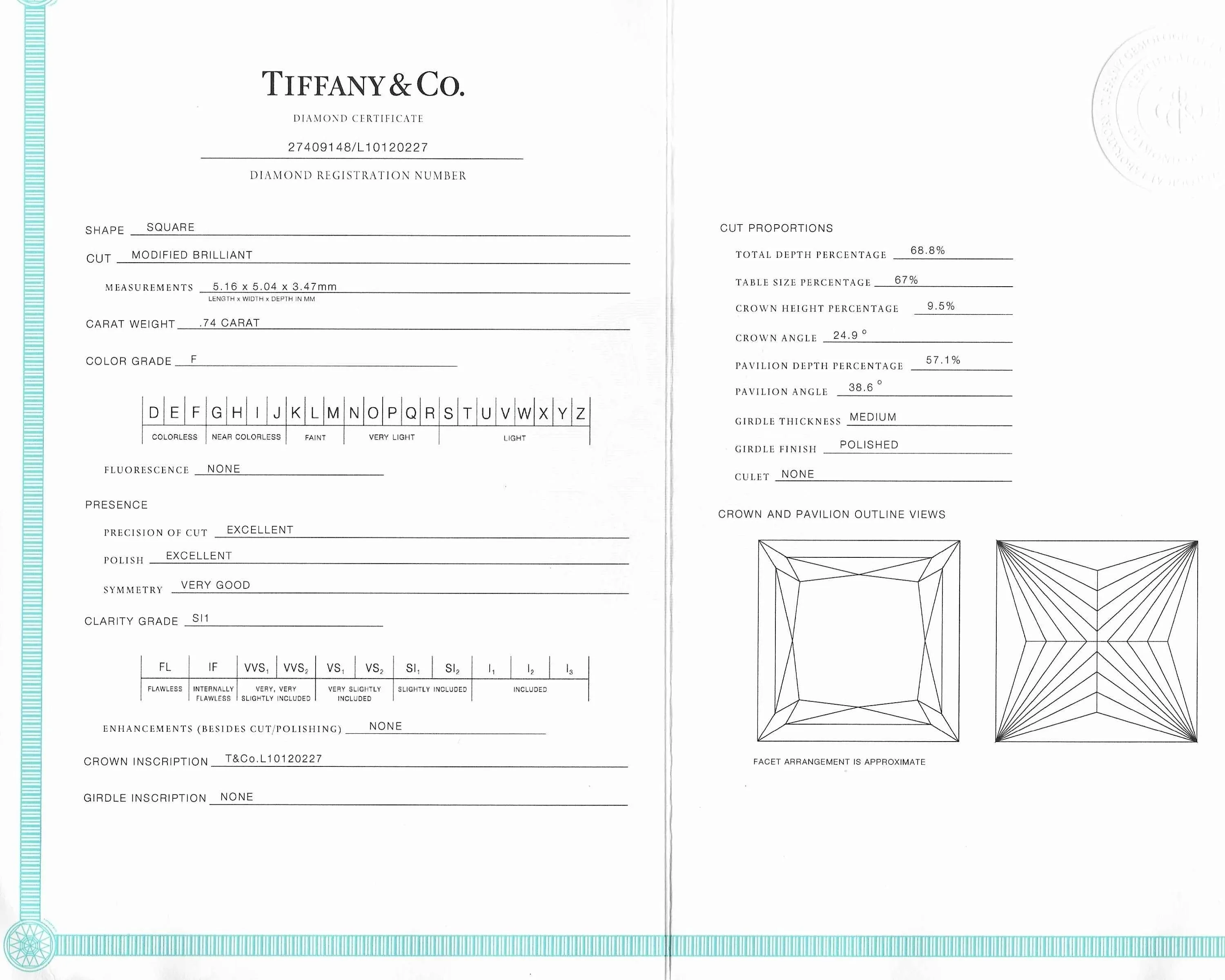 Tiffany & Co. 0.74 Carat Princess Cut Diamond Platinum Solitaire Engagement Ring