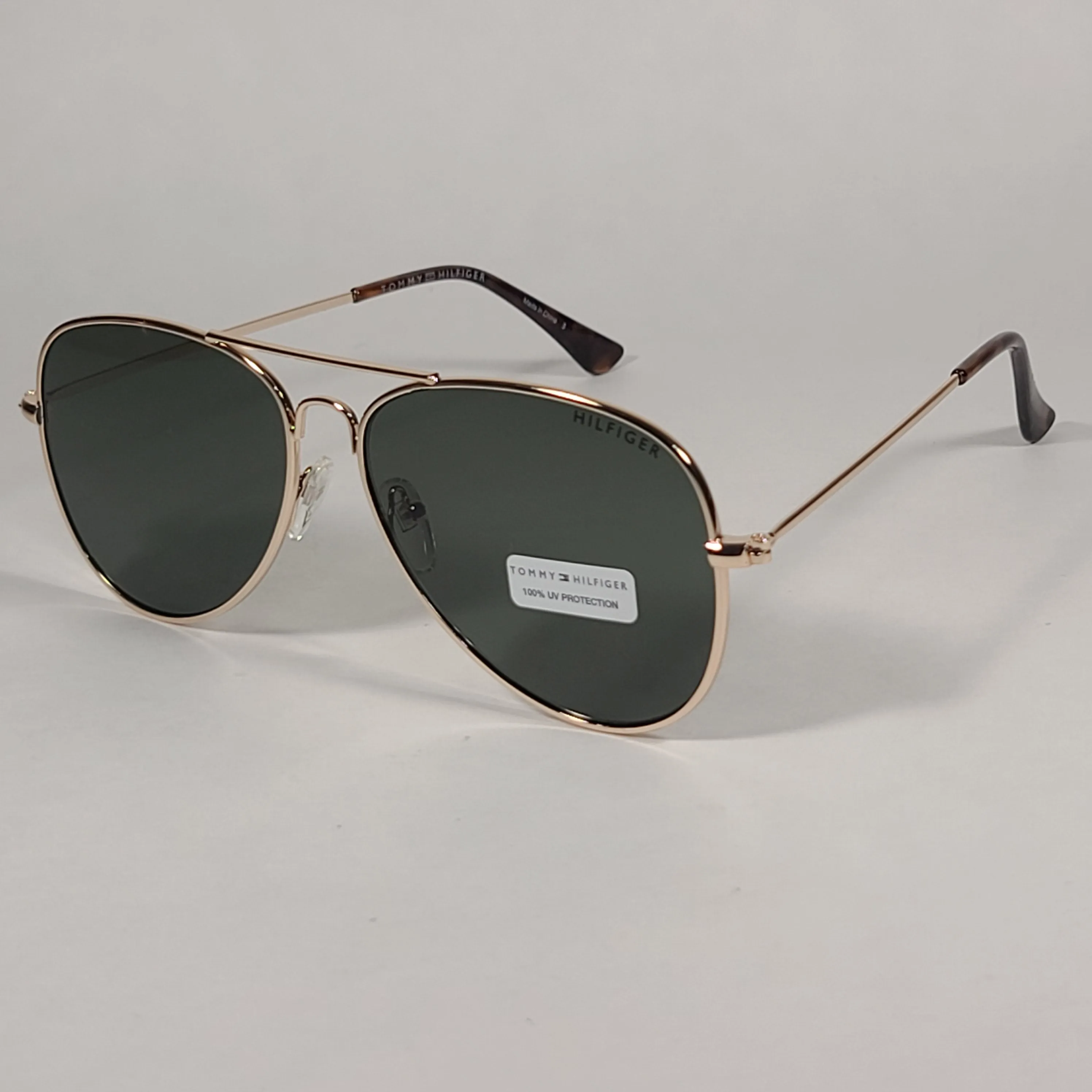 Tommy Hilfiger Simon Aviator Sunglasses Gold And Brown Metal Frame Green Lens