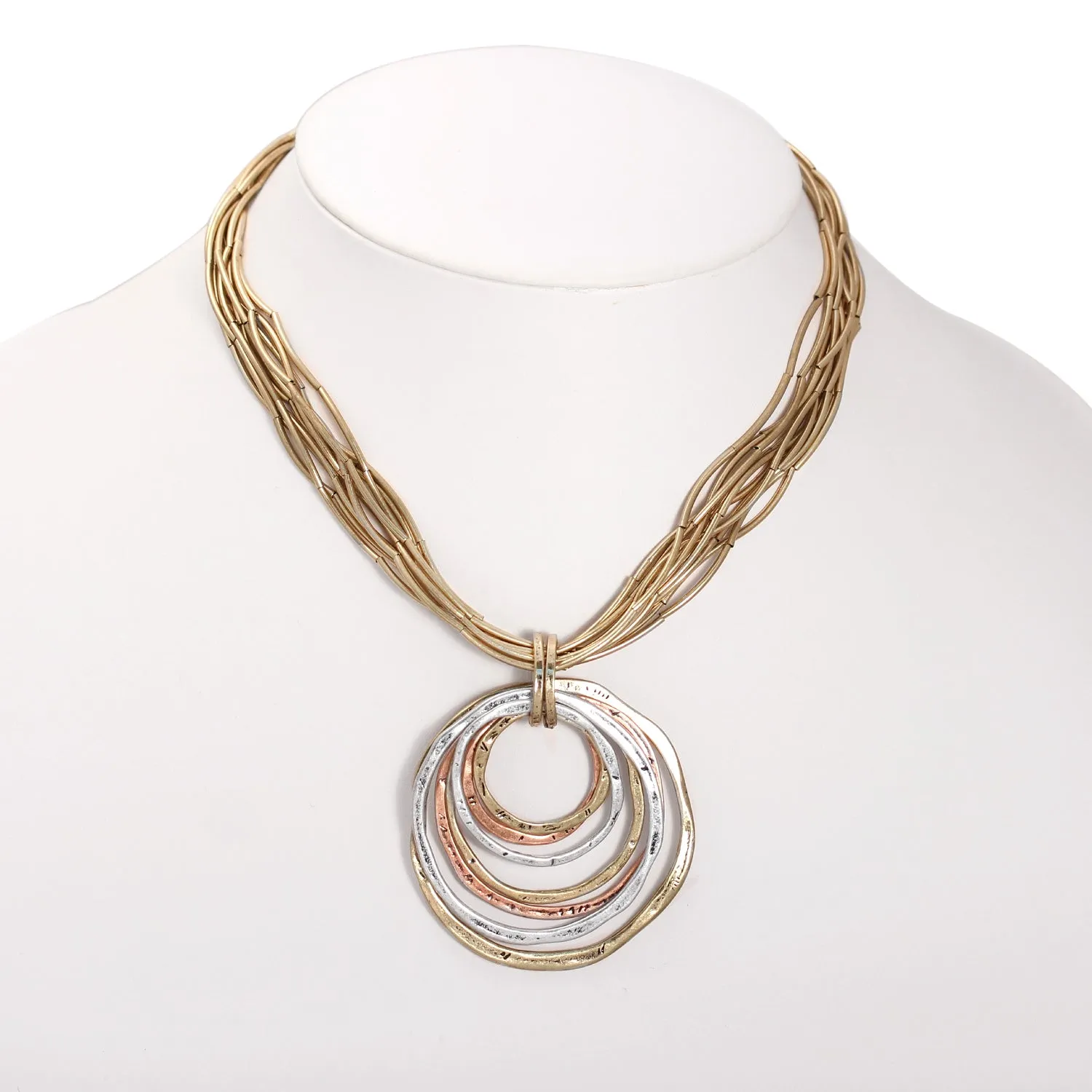 TRI-TONE CIRCLE 2" INCHES PENDANT NECKLACE #SC15407TT (OC25)