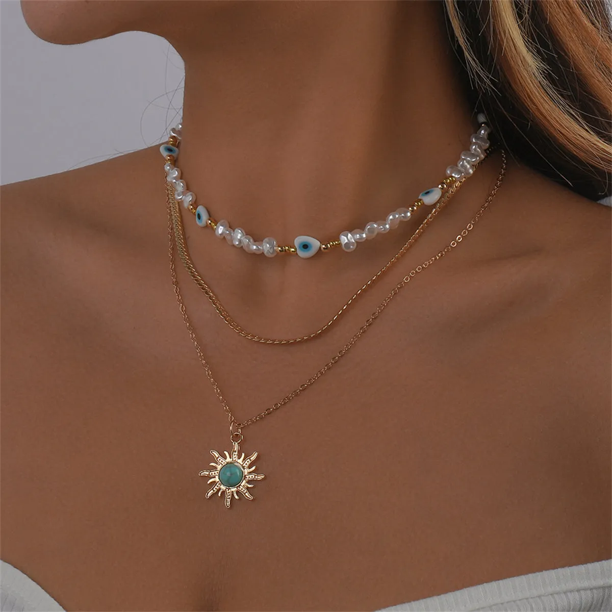 Turquoise & Pearl 18K Gold-Plated Sun Pendant Necklace Set