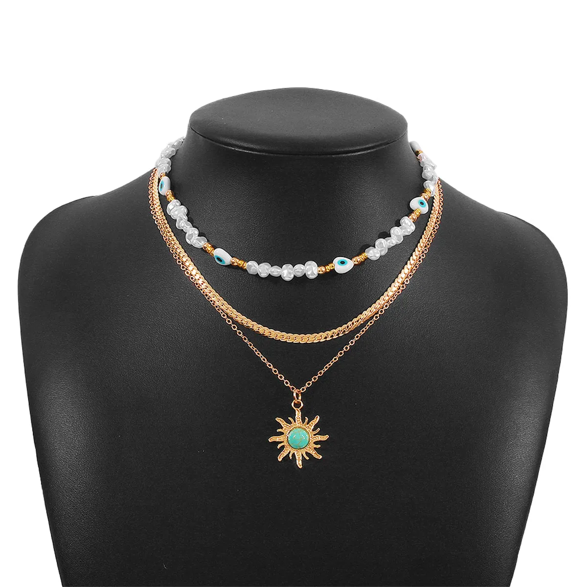 Turquoise & Pearl 18K Gold-Plated Sun Pendant Necklace Set