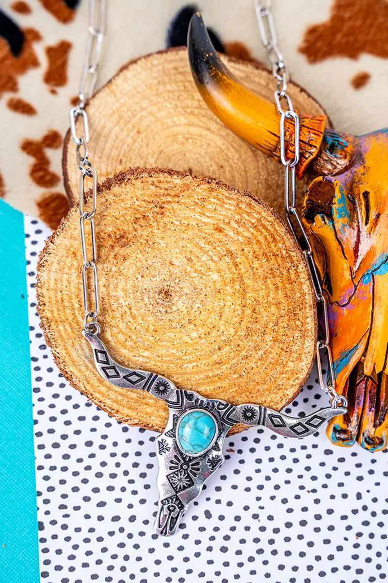 Turquoise and Silvertone Stanton Steer Necklace