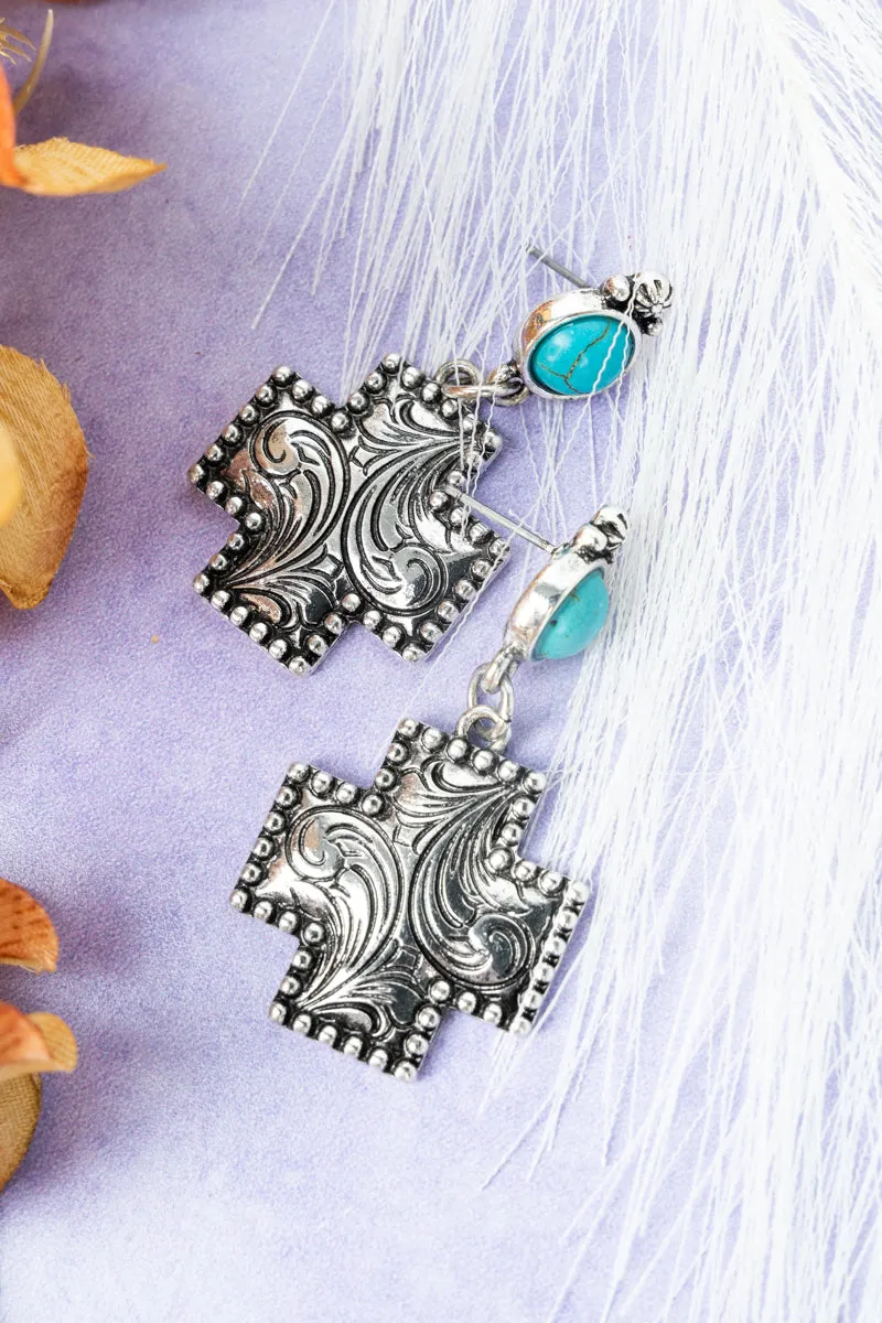 Turquoise Carlie Cross Silvertone Earrings