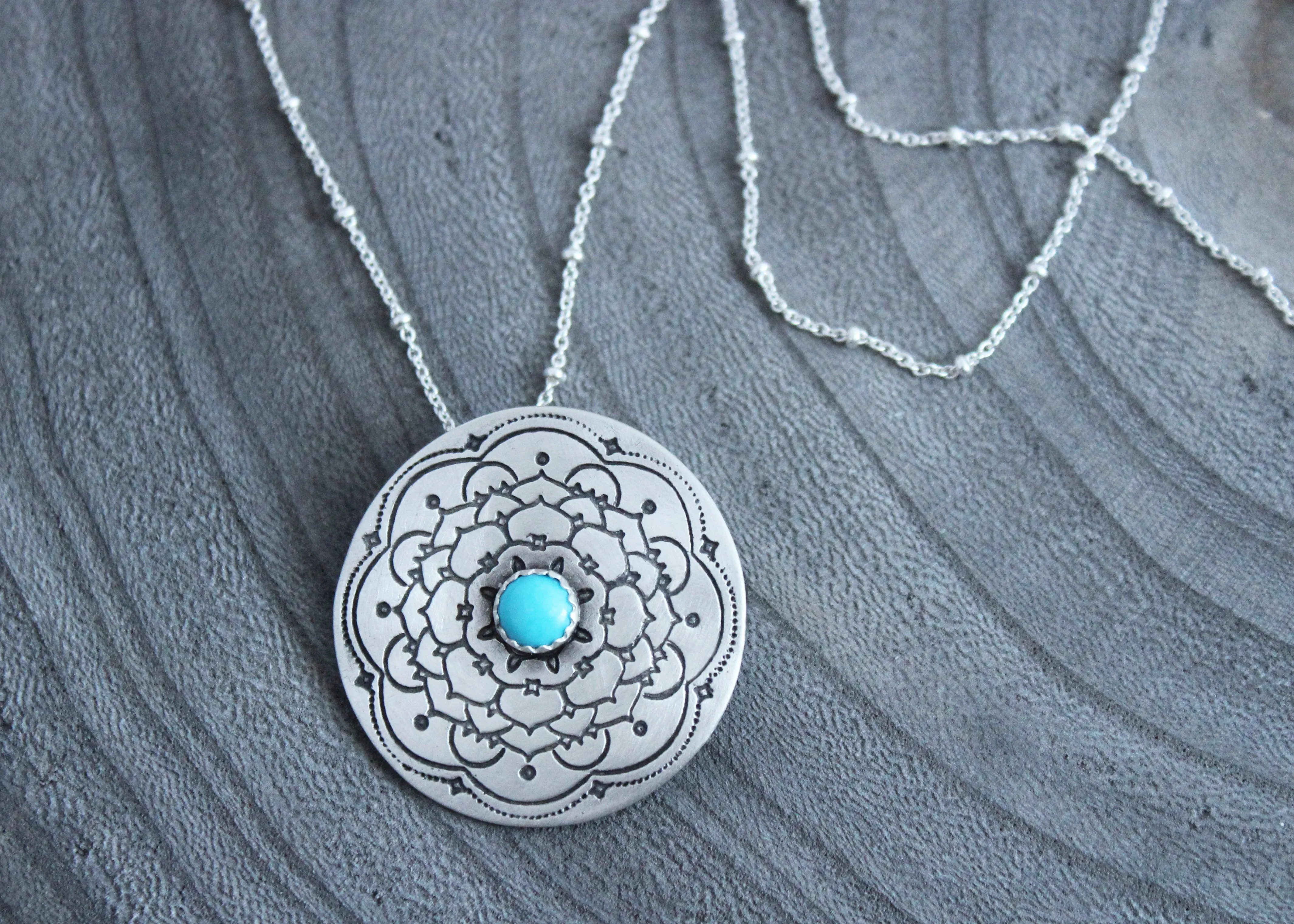 Turquoise Silver Mandala Necklace