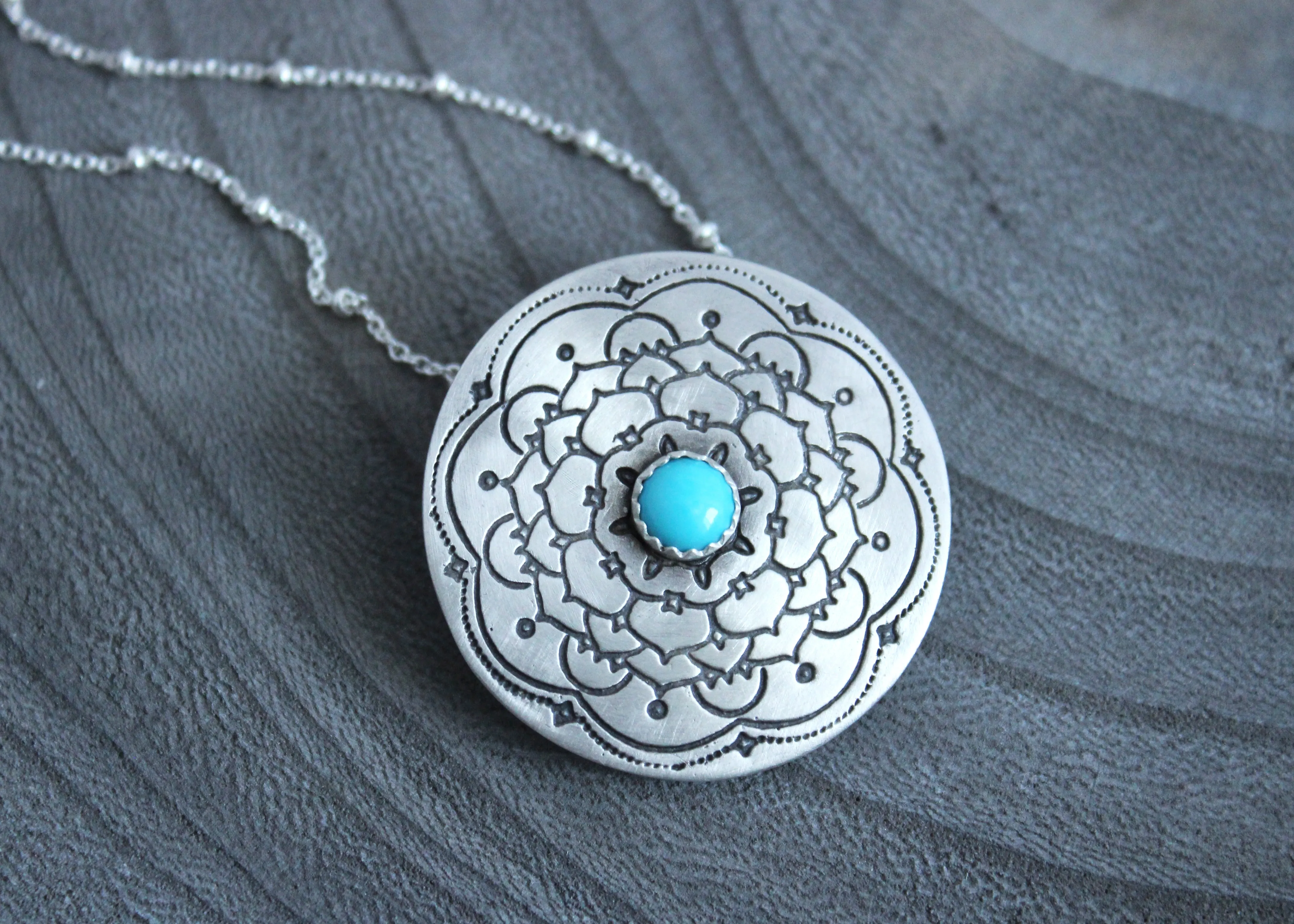 Turquoise Silver Mandala Necklace