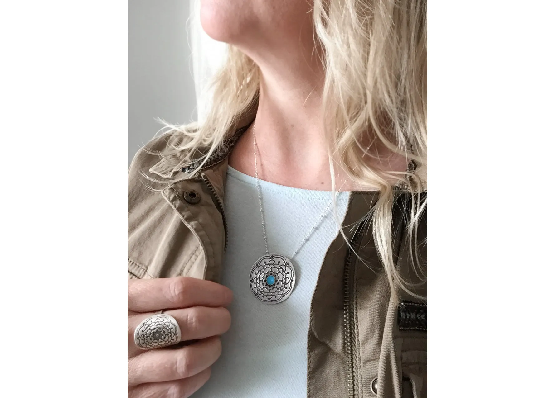 Turquoise Silver Mandala Necklace