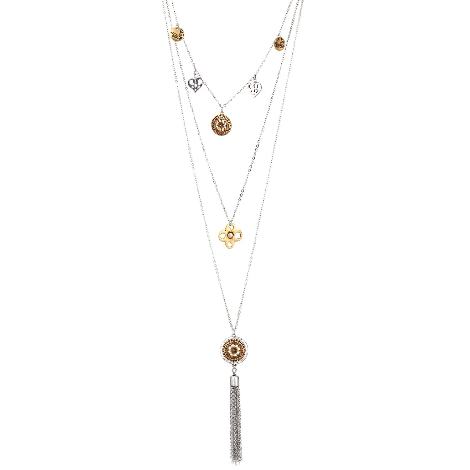 TWO TONE METAL LAYERED TASSEL  NECKLACES #HNN87456TWTO (CB1/CH1)
