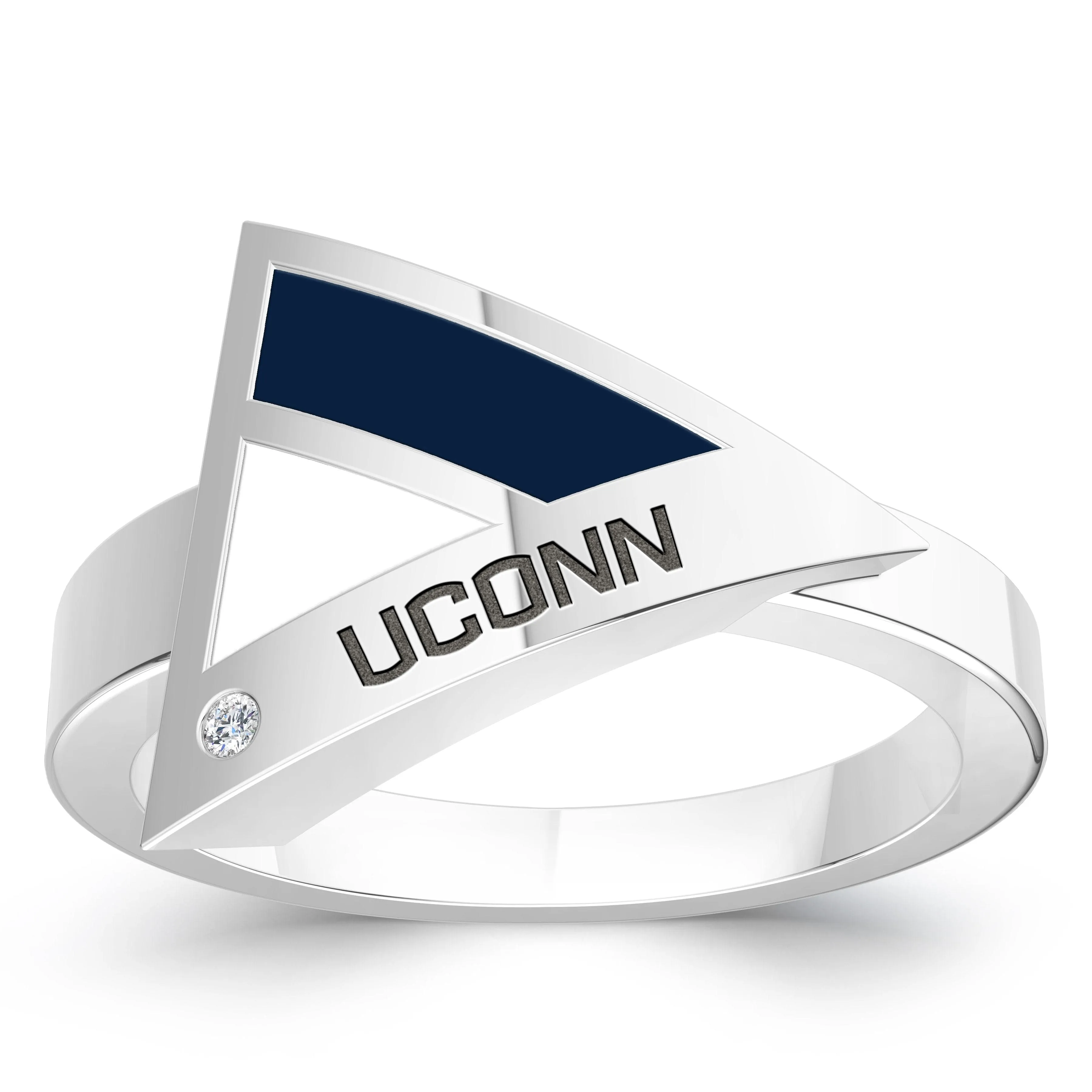 UCONN Diamond Engraved Geometric Ring in Sterling Silver