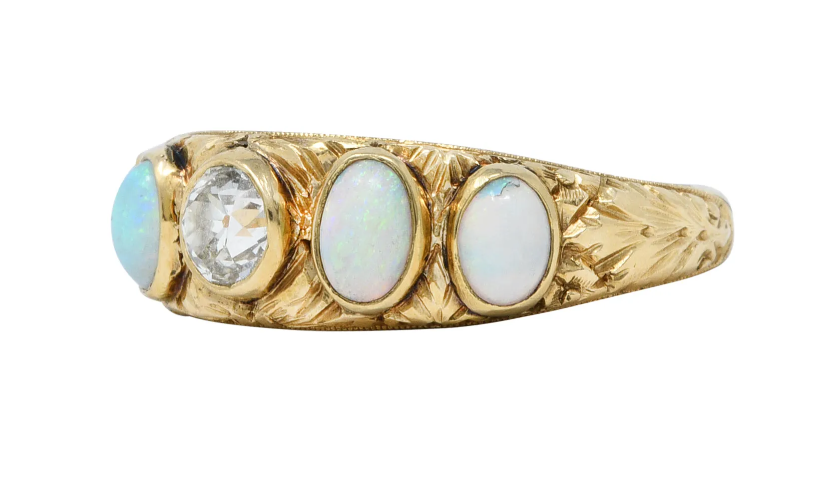 Victorian Opal Diamond 14 Karat Gold Foliate Band Ring