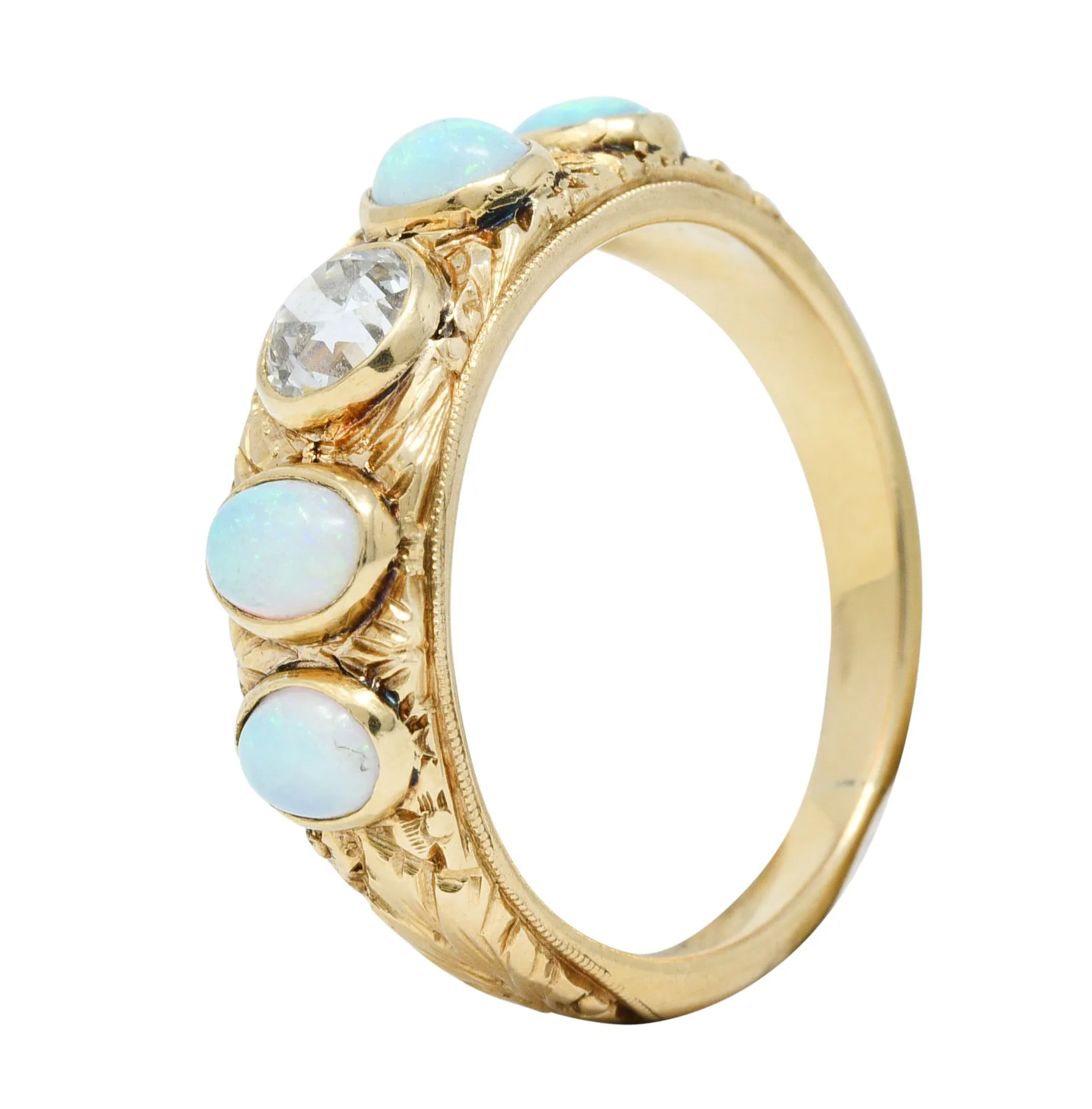 Victorian Opal Diamond 14 Karat Gold Foliate Band Ring