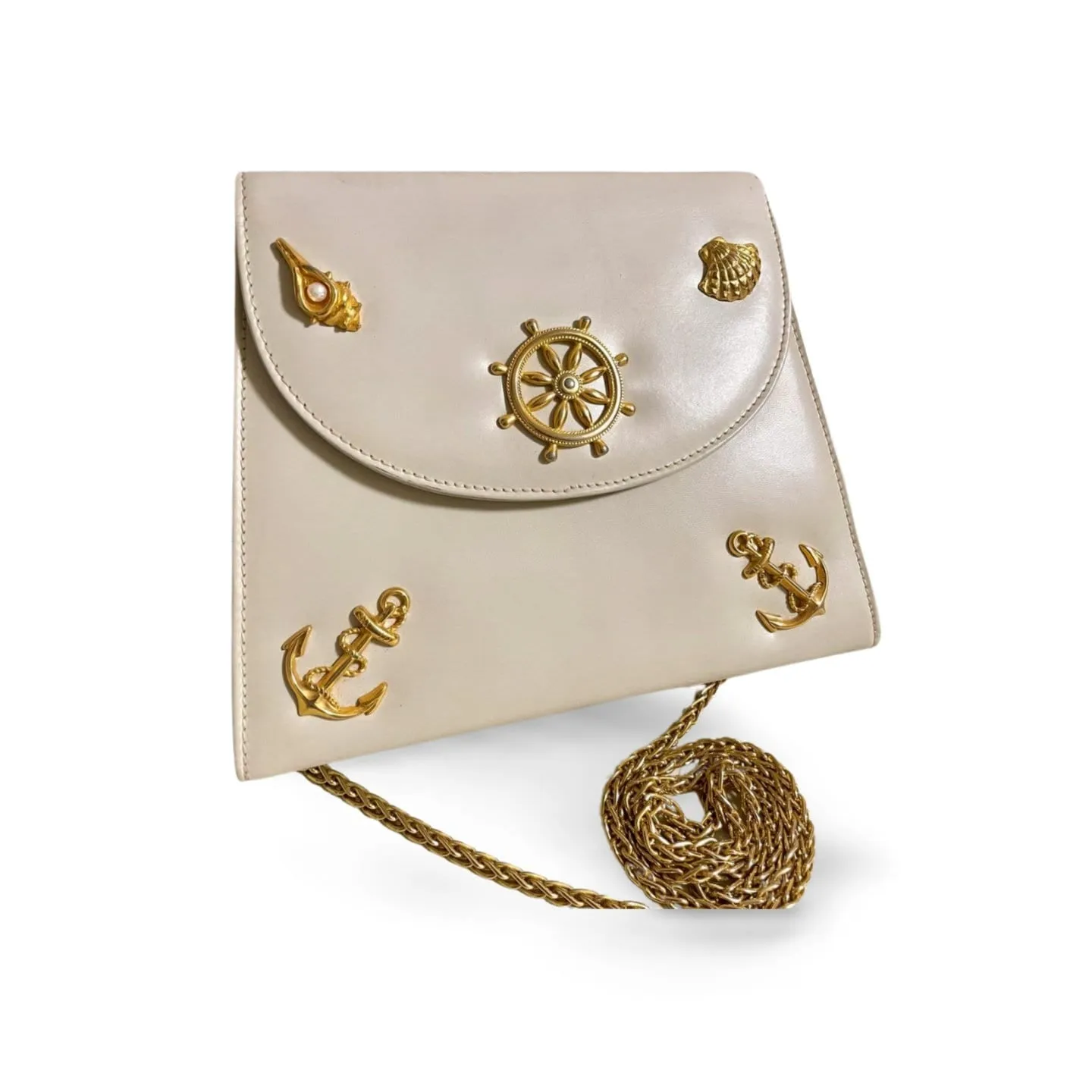 Vintage BALLY ivory white leather shoulder bag with chains and gold tone shell, ruddle, pearl, anchor motifs. 060310ya2
