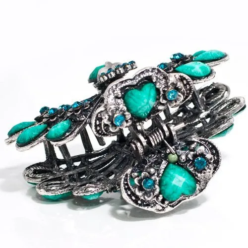 Vintage Bird Shaped Metal Claw with Green Stones and Crystals