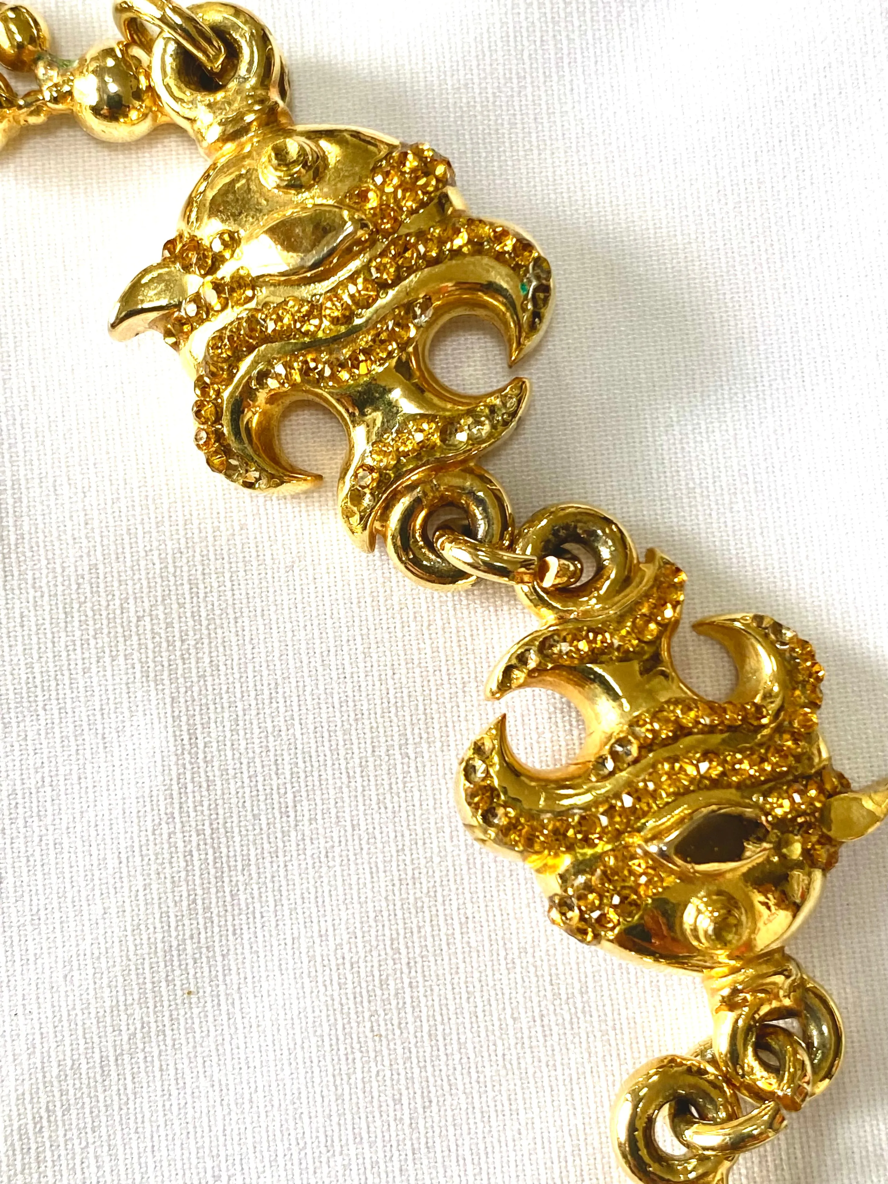 Vintage Gianni Versace golden chain necklace with fish and Medusa charms and yellow crystals. Can be a belt as well. 050719ya1
