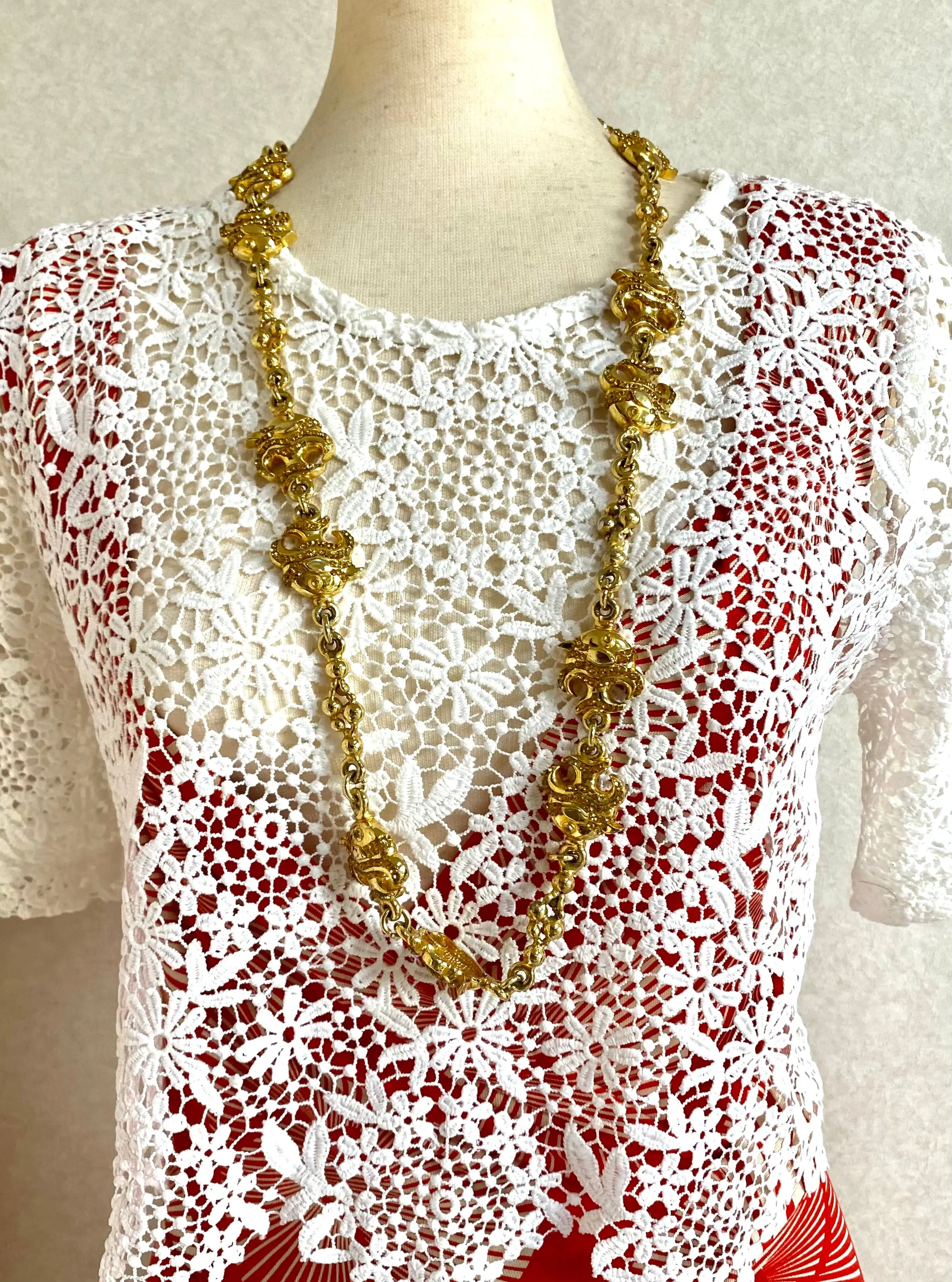 Vintage Gianni Versace golden chain necklace with fish and Medusa charms and yellow crystals. Can be a belt as well. 050719ya1