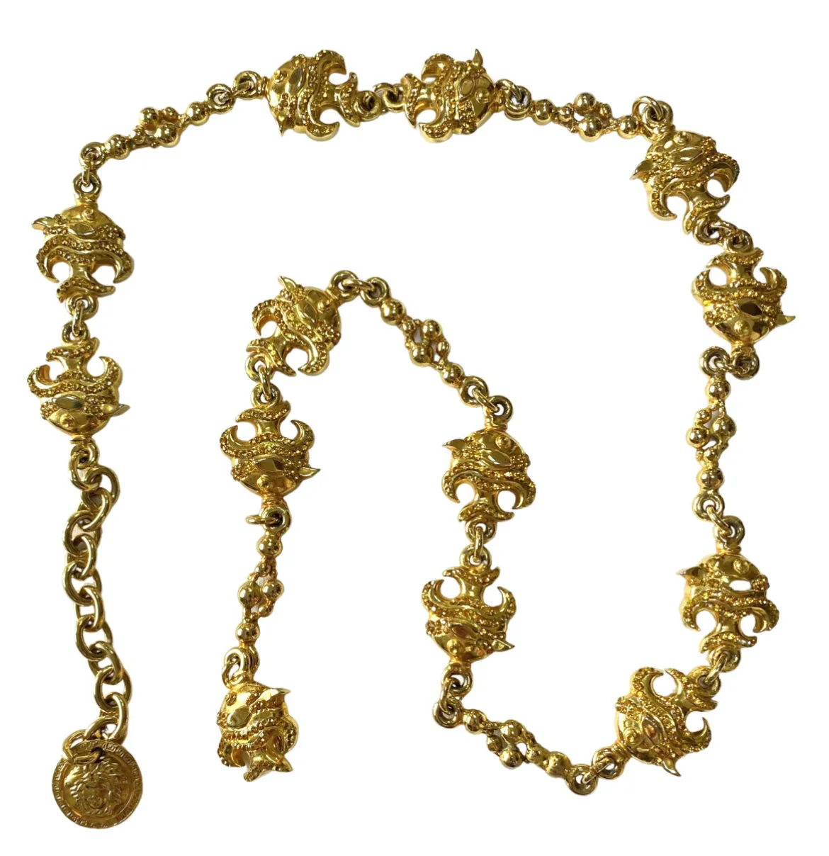 Vintage Gianni Versace golden chain necklace with fish and Medusa charms and yellow crystals. Can be a belt as well. 050719ya1