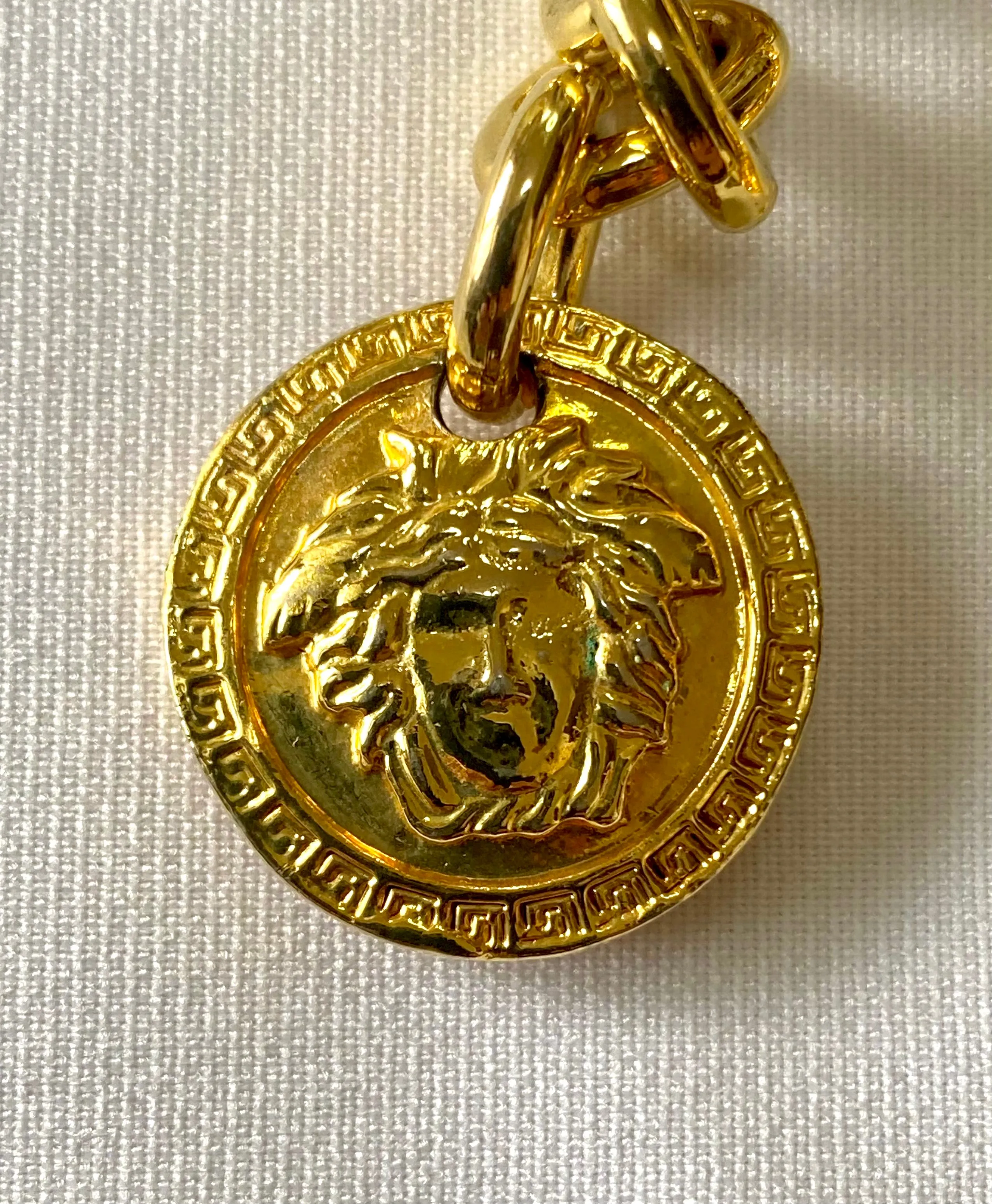 Vintage Gianni Versace golden chain necklace with fish and Medusa charms and yellow crystals. Can be a belt as well. 050719ya1