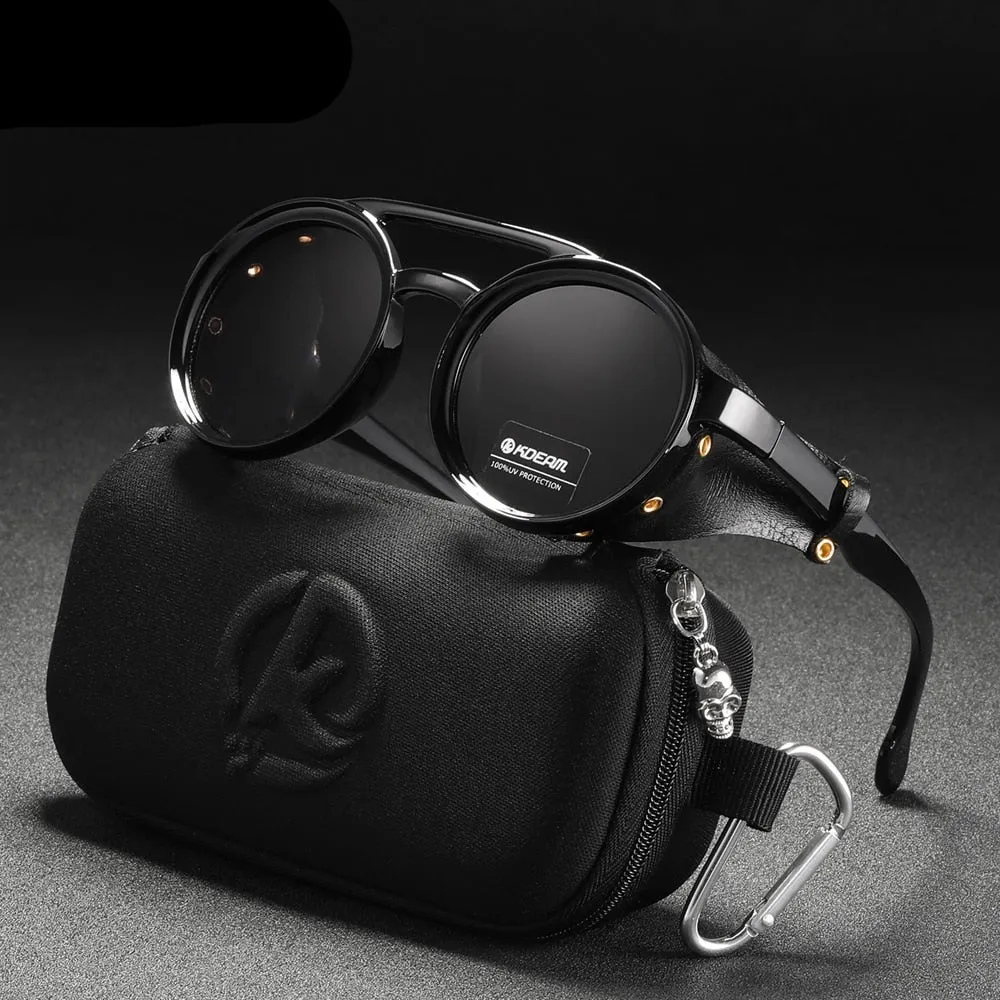 Vintage Round Sunglasses Men Women Leather Shield Sun Glasses