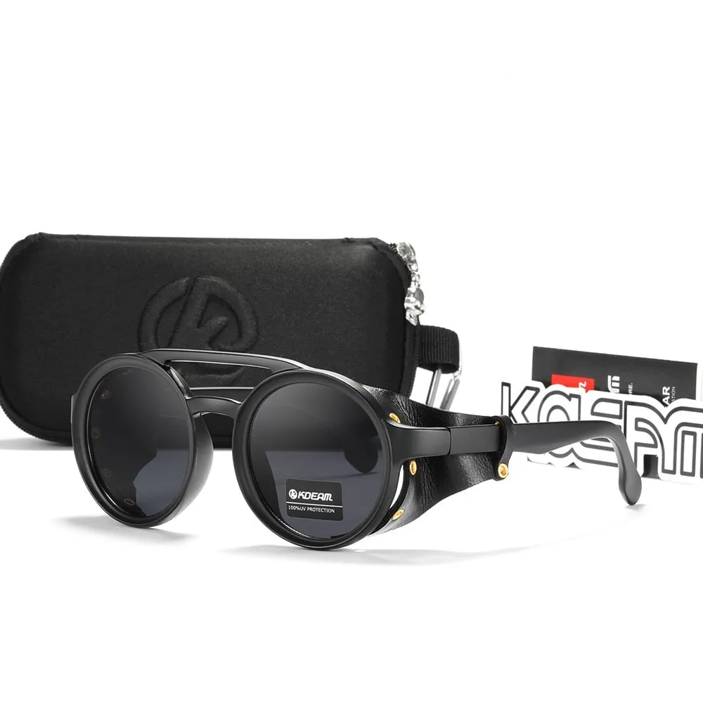 Vintage Round Sunglasses Men Women Leather Shield Sun Glasses