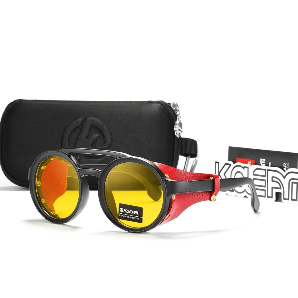 Vintage Round Sunglasses Men Women Leather Shield Sun Glasses