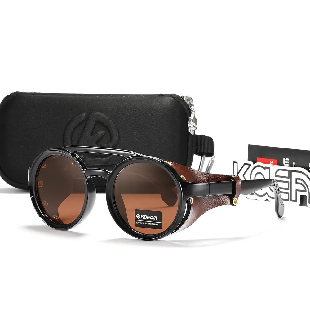 Vintage Round Sunglasses Men Women Leather Shield Sun Glasses