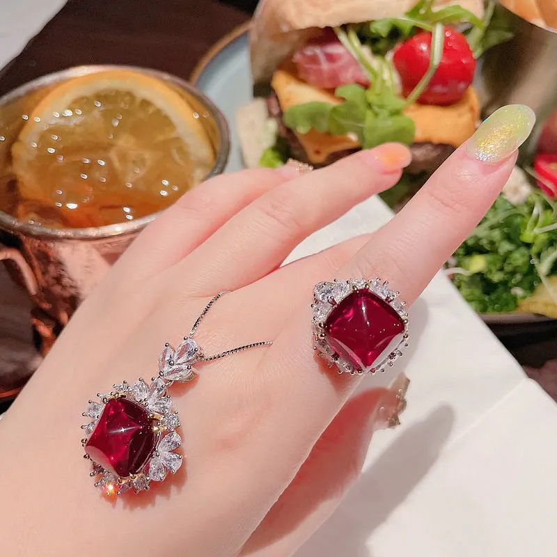 Vintage Ruby Bridal Jewelry set Earrings Rings Necklace for women Gift