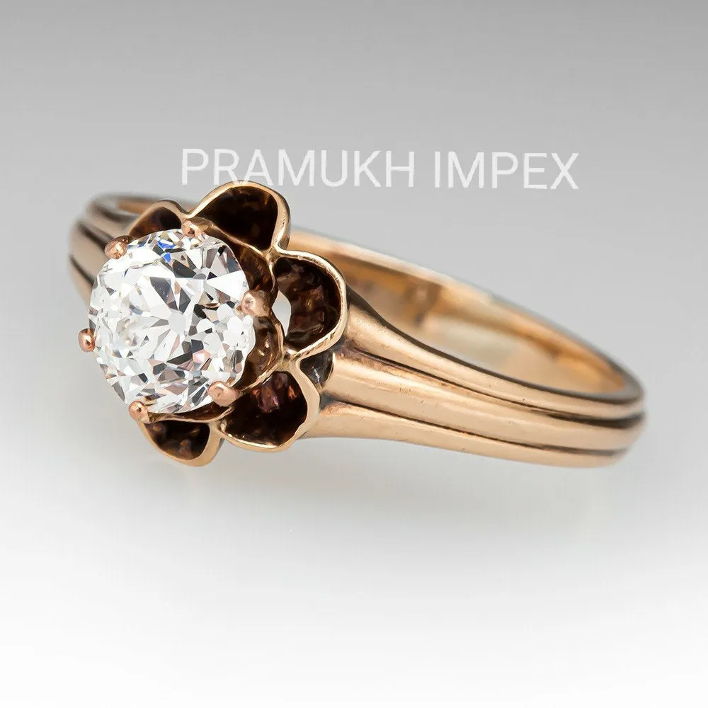 Vintage solitaire Engagement Ring, 0.76CT  contains an old mine cut diamond Moissanite 14k Rose Gold in 1890s