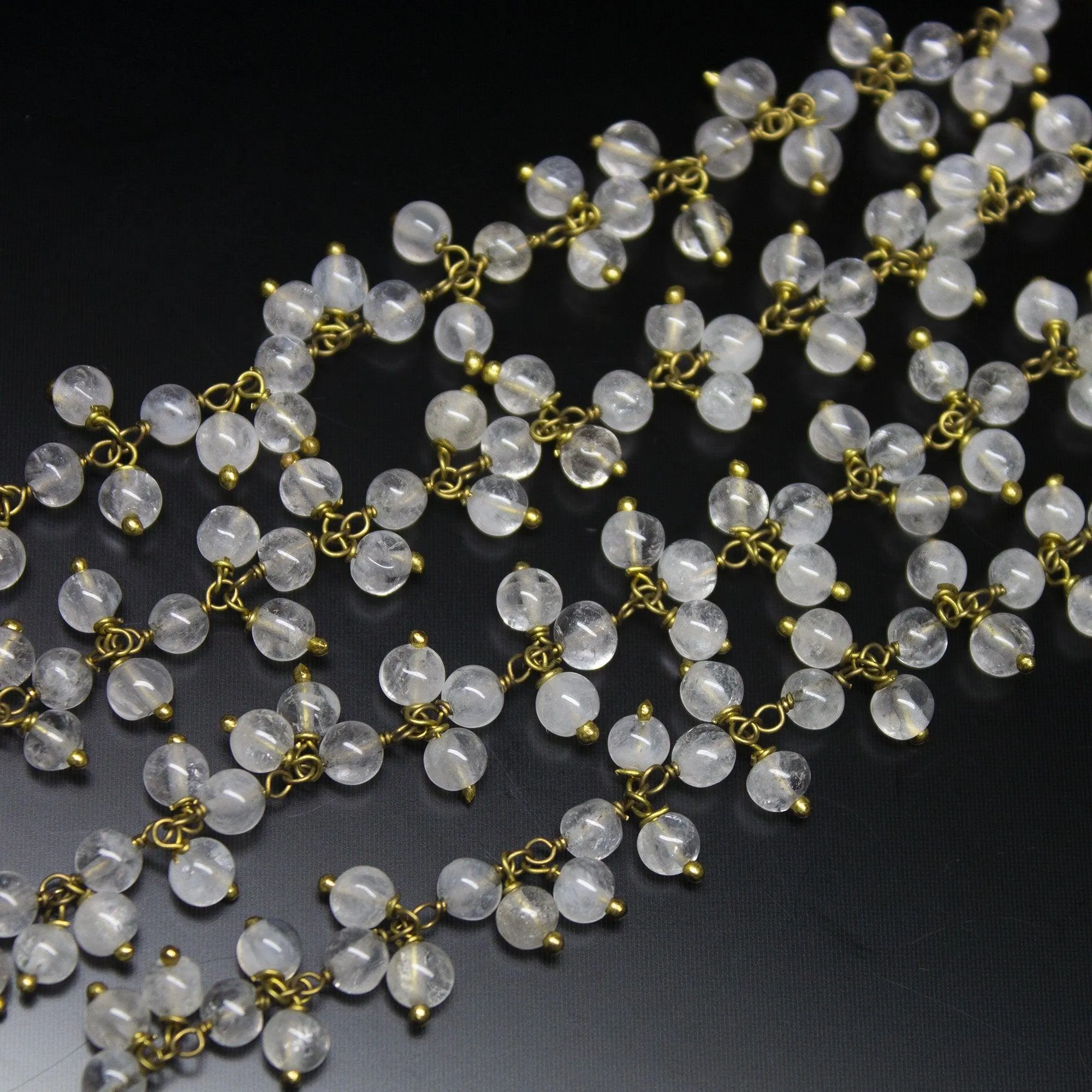 White Quartz Round Beads Rosary Style Beaded Chain, Dangle Chain, Quartz Wire Wrapper Gold Plated Rosary Chain, Thick Chain, 4mm