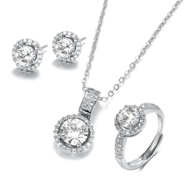 White Sapphire Jewelry Sets Engagement 18K Gold Ring Necklace Earrings Bridal