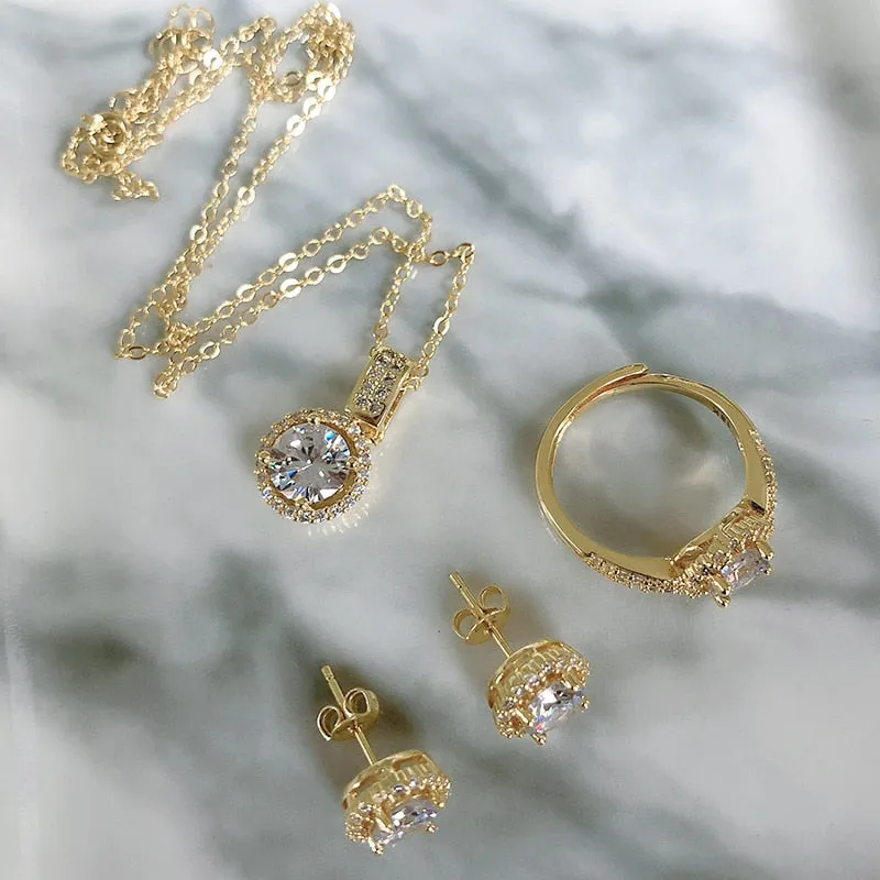 White Sapphire Jewelry Sets Engagement 18K Gold Ring Necklace Earrings Bridal