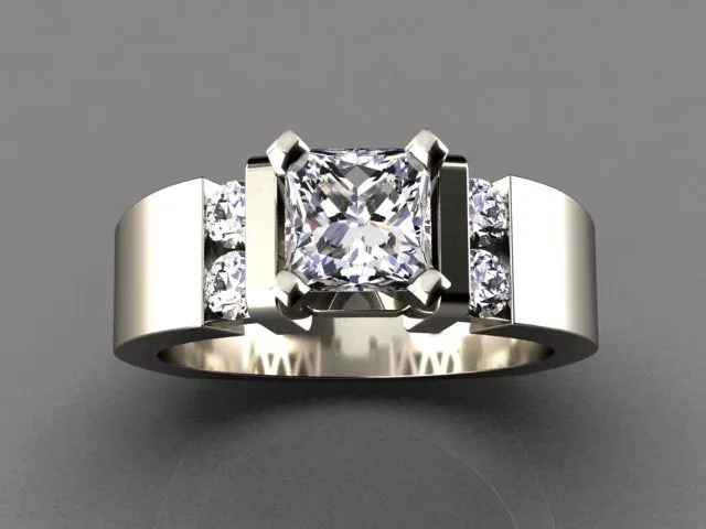 Wide band engagement ring for round or princess diamond center