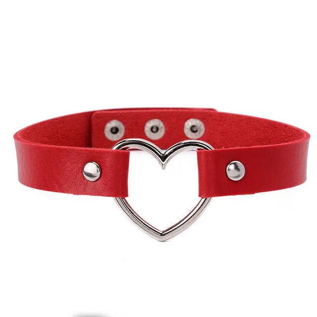 Women Lady Punk Goth Harajuku Grunge PU Leather Rivet Heart Collar Choker Funky Torques Necklace Jewelry @M23